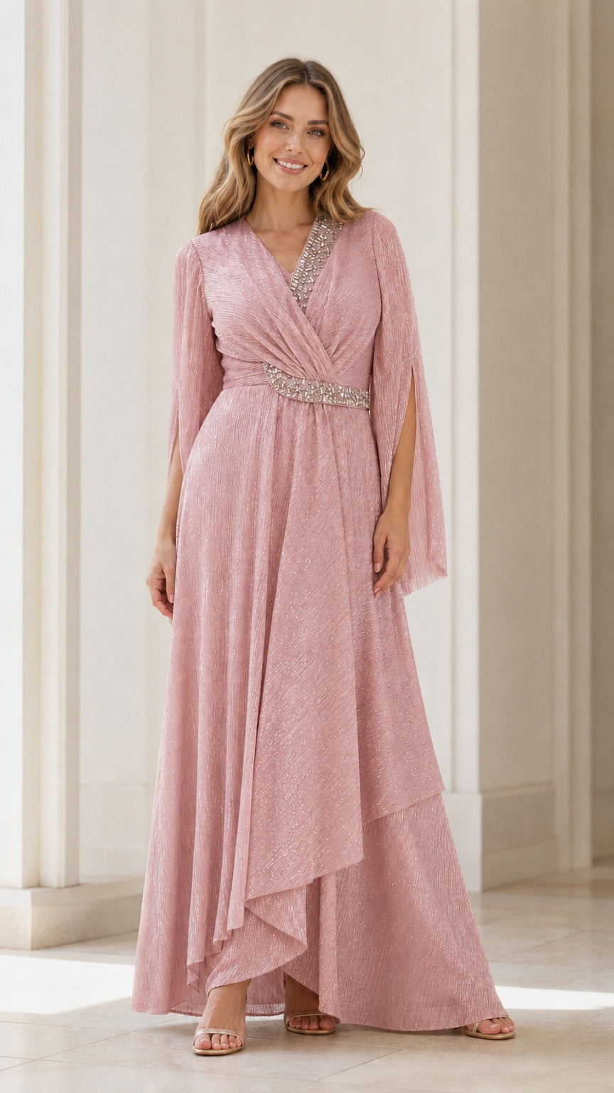 Front view of model wearing pink rhinestone evening dress