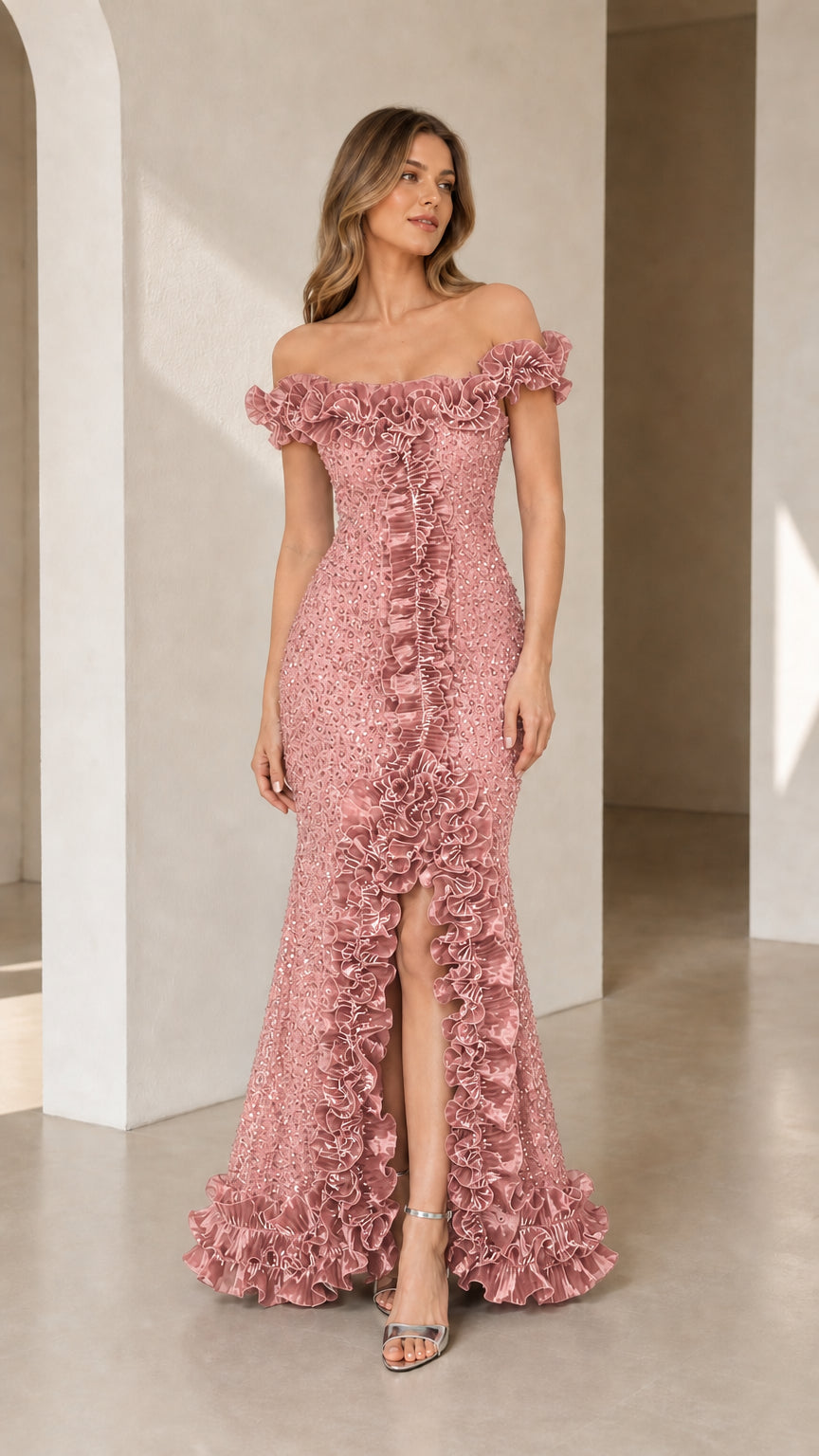 Blush pink off-the-shoulder sequin mermaid evening gown with ruffle trim
