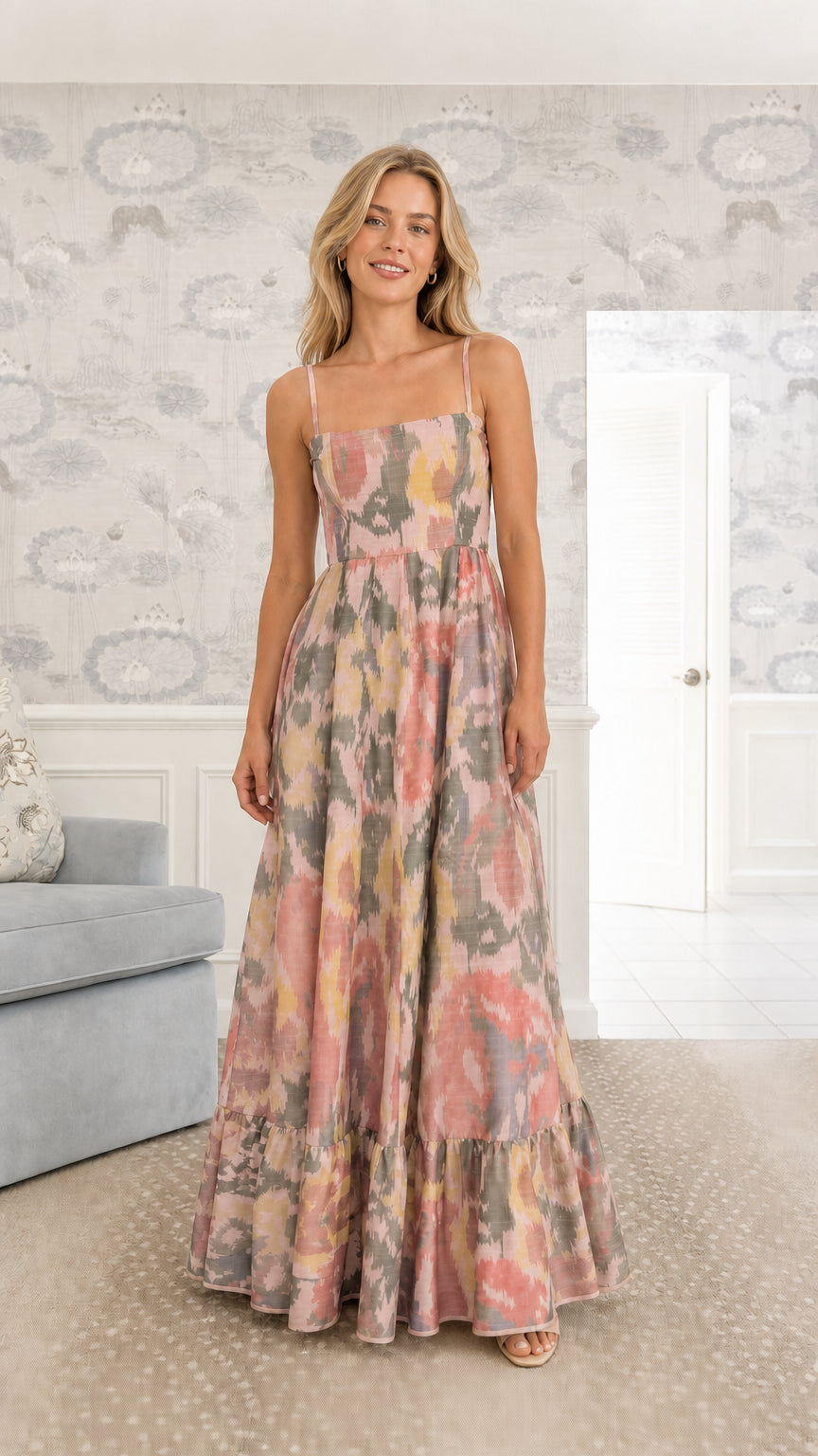 Model wearing Dusty Rose Multi abstract ikat print tiered maxi dress