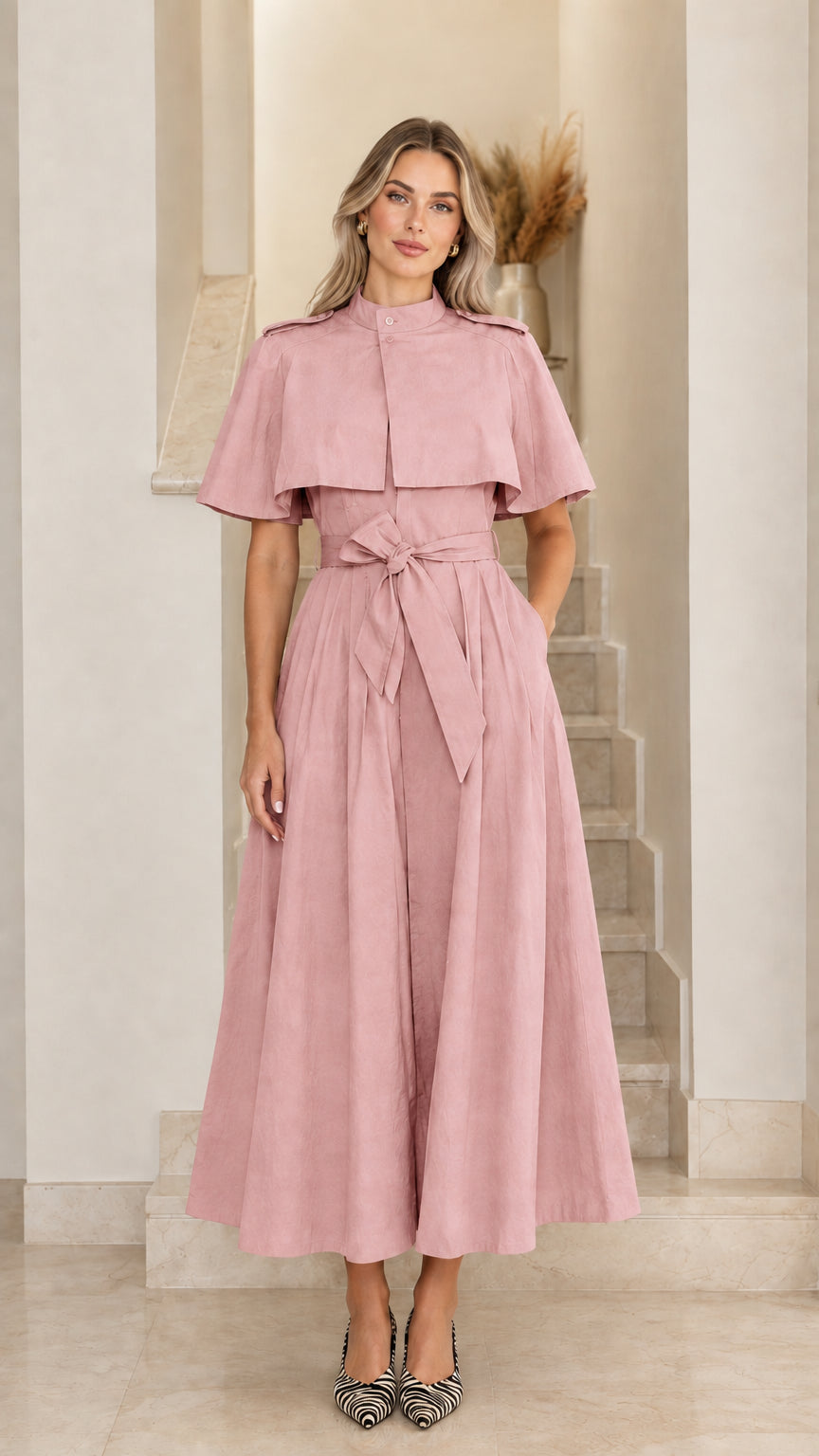 Model wearing dusty pink capelet midi trench dress with tie belt