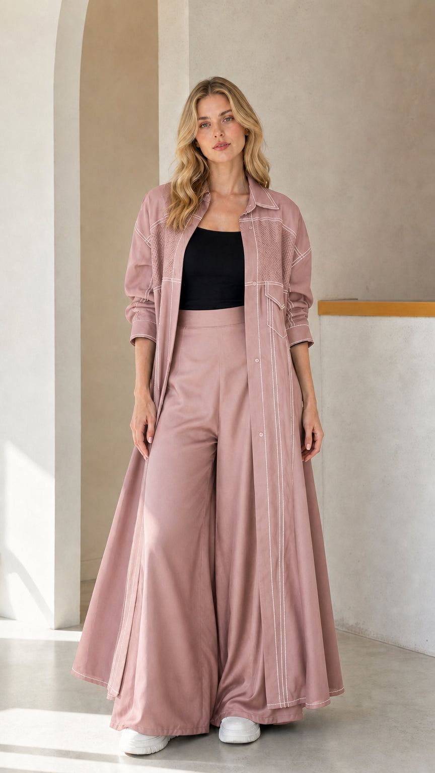 Full-length look of woman wearing Dusty Pink maxi duster coat and matching wide-leg pants