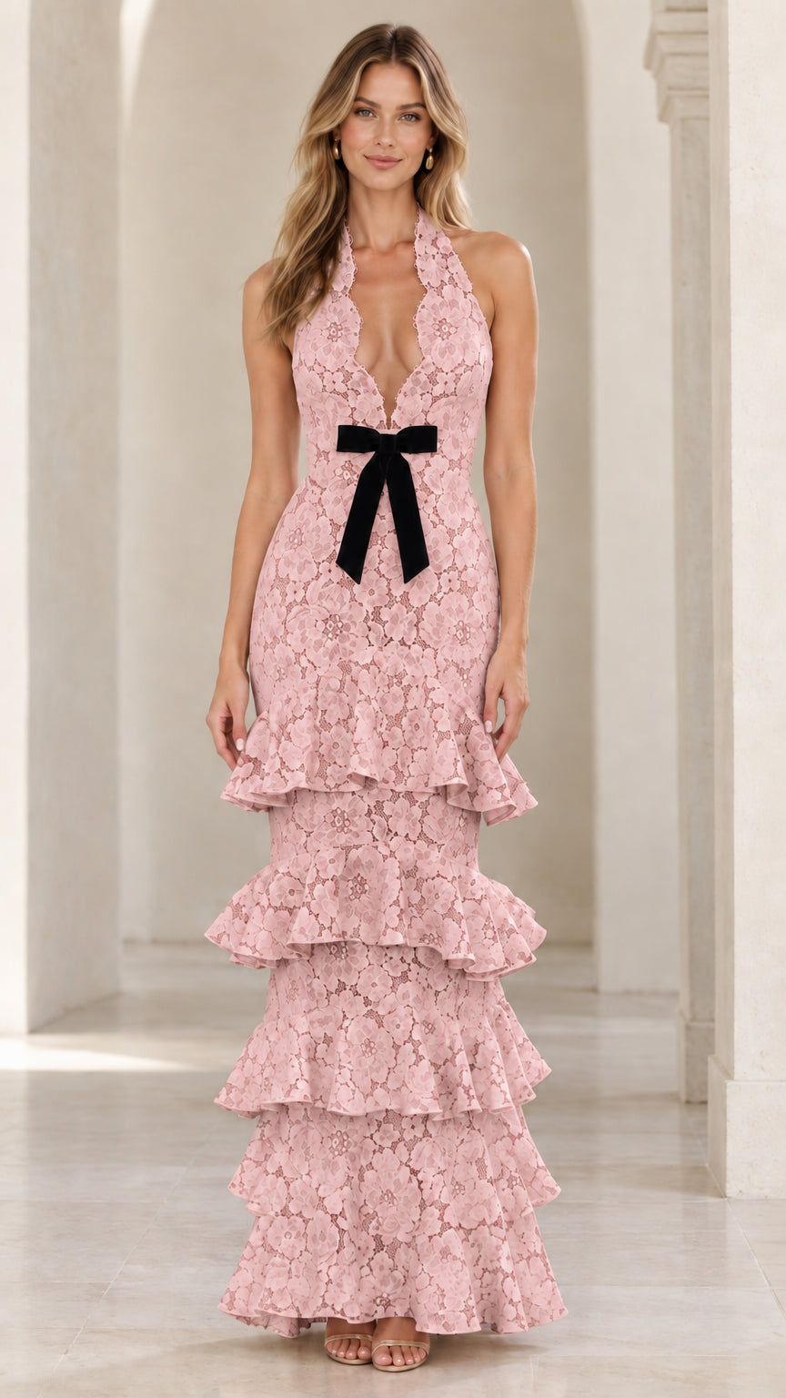 Blush pink floral lace halter tiered evening gown with contrast black velvet bow
