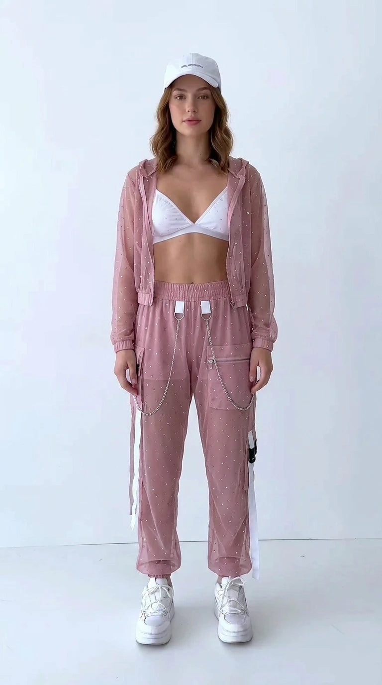 Dusty pink sheer mesh sparkle hooded jacket and jogger set