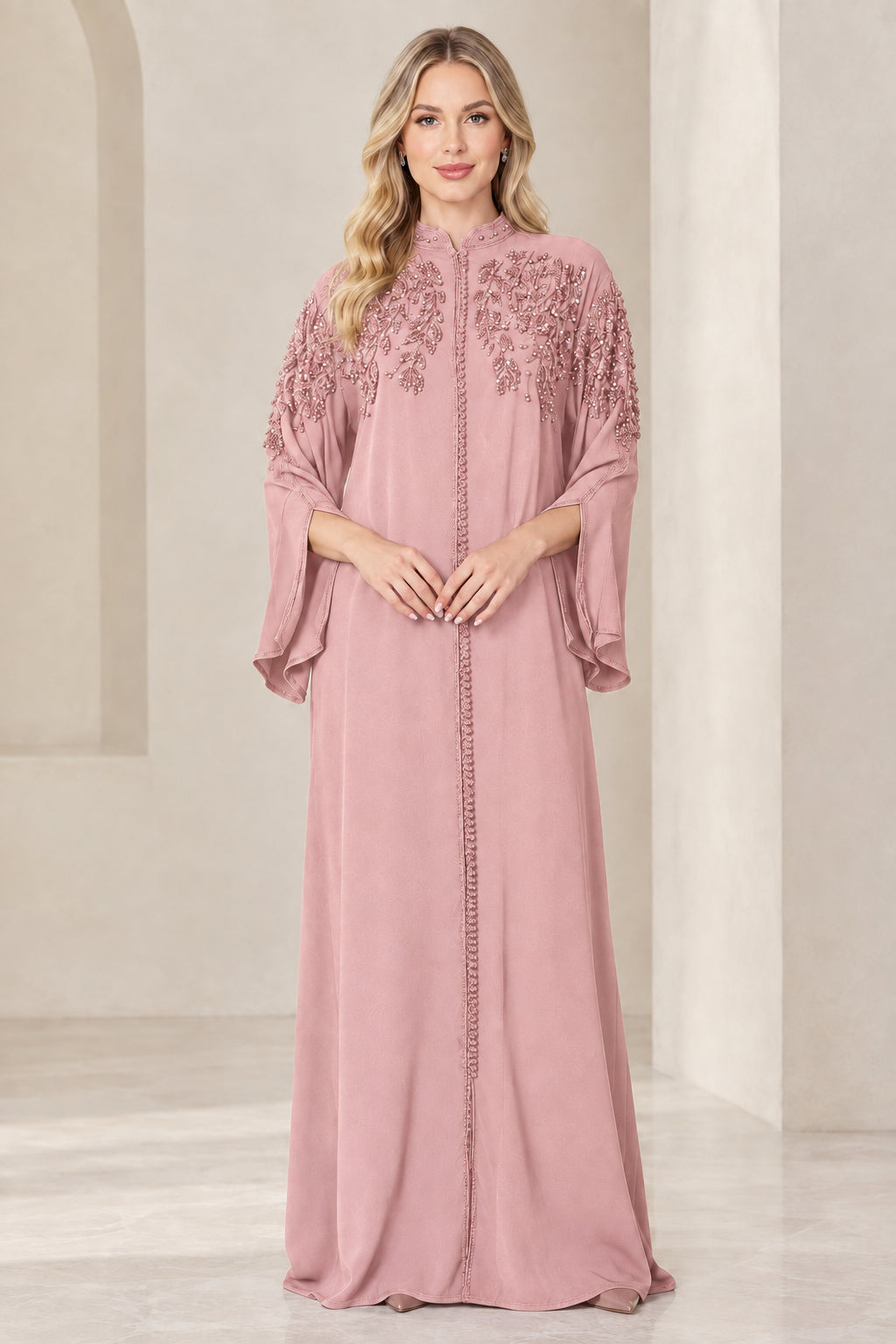 Dusty pink long sleeve embellished shoulder abaya maxi dress