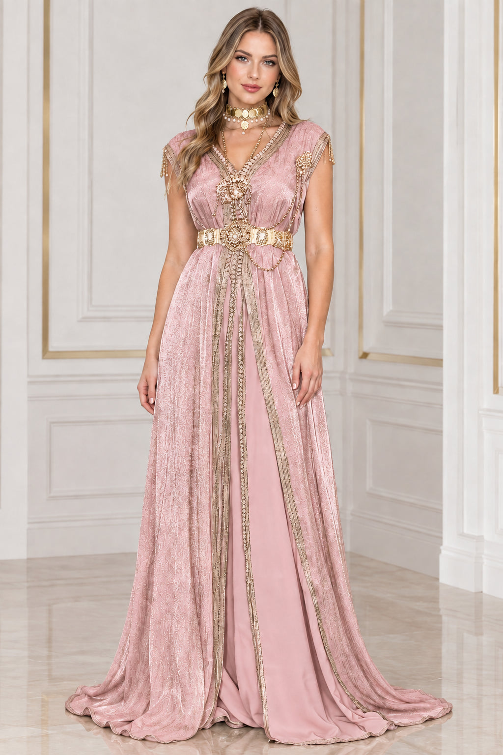 Blush Pink Metallic Pleated Kaftan Maxi Dress with ornate gold accents