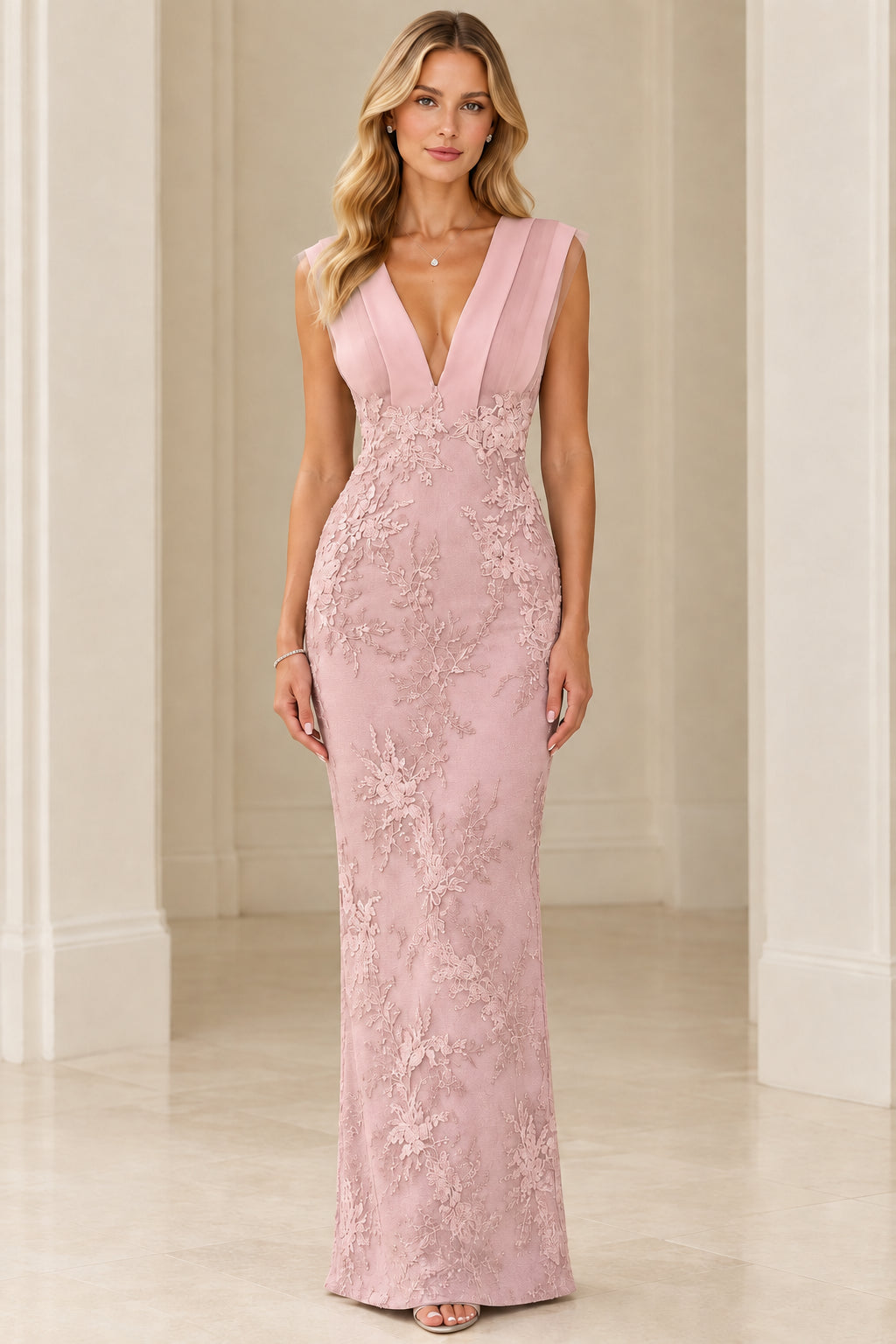 Front full view of Blush Pink pleated V-neck floral lace maxi gown