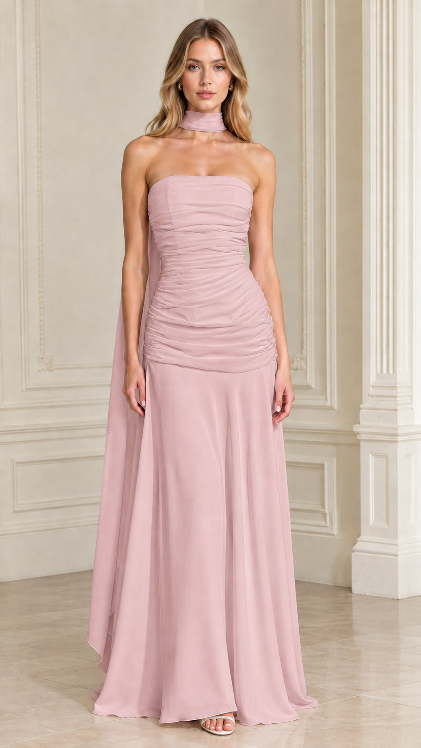 Dusty Rose strapless gathered maxi evening gown with neck scarf