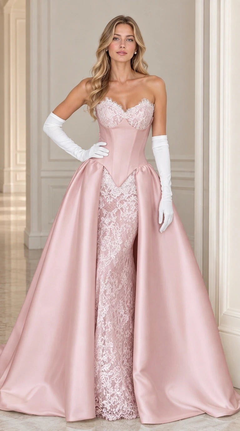 Model wearing dusty pink strapless formal gown with lace column skirt and satin overskirt