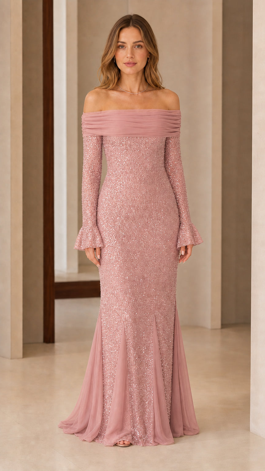 Front view of woman wearing dusty rose pink off-the-shoulder sequin formal gown