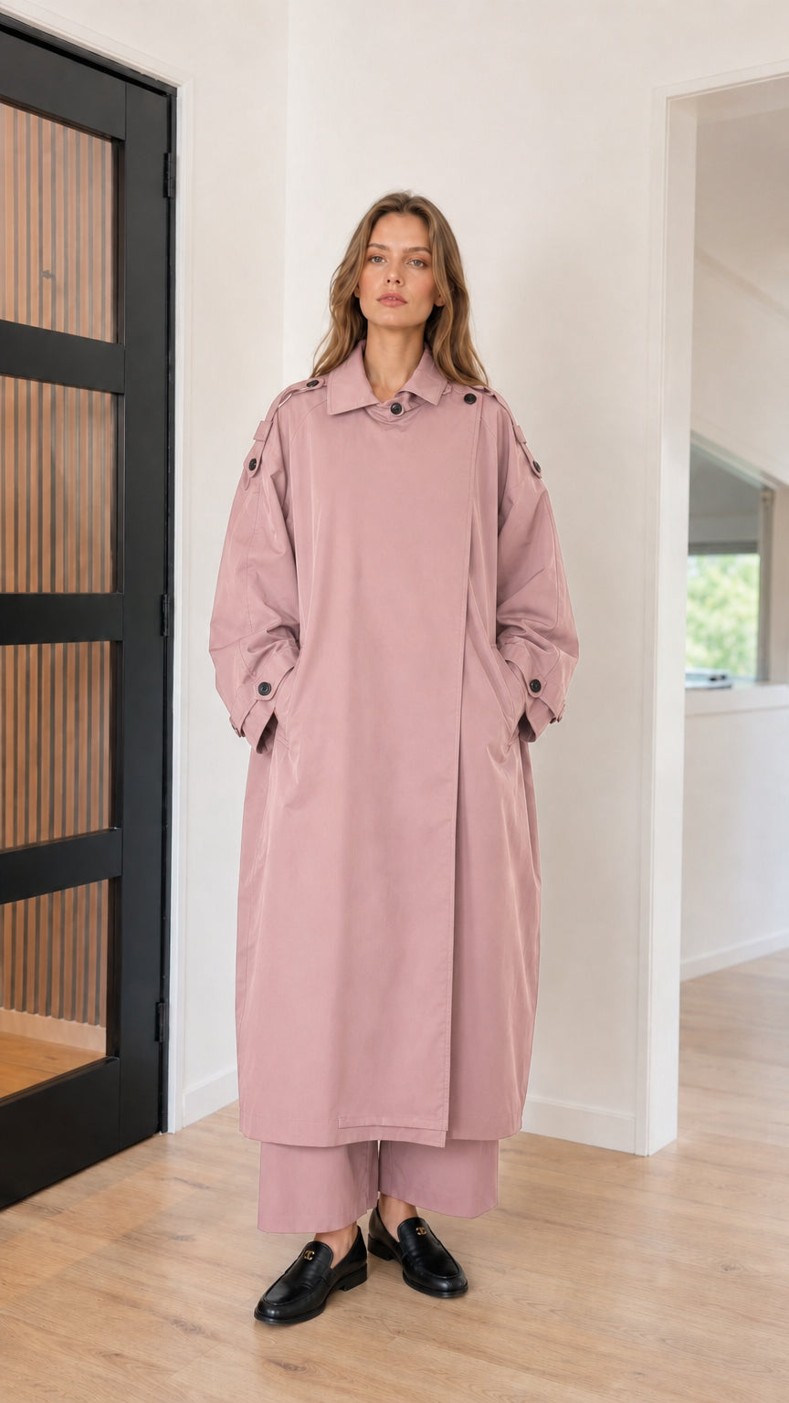 Front full view of woman wearing dusty pink oversized maxi trench coat
