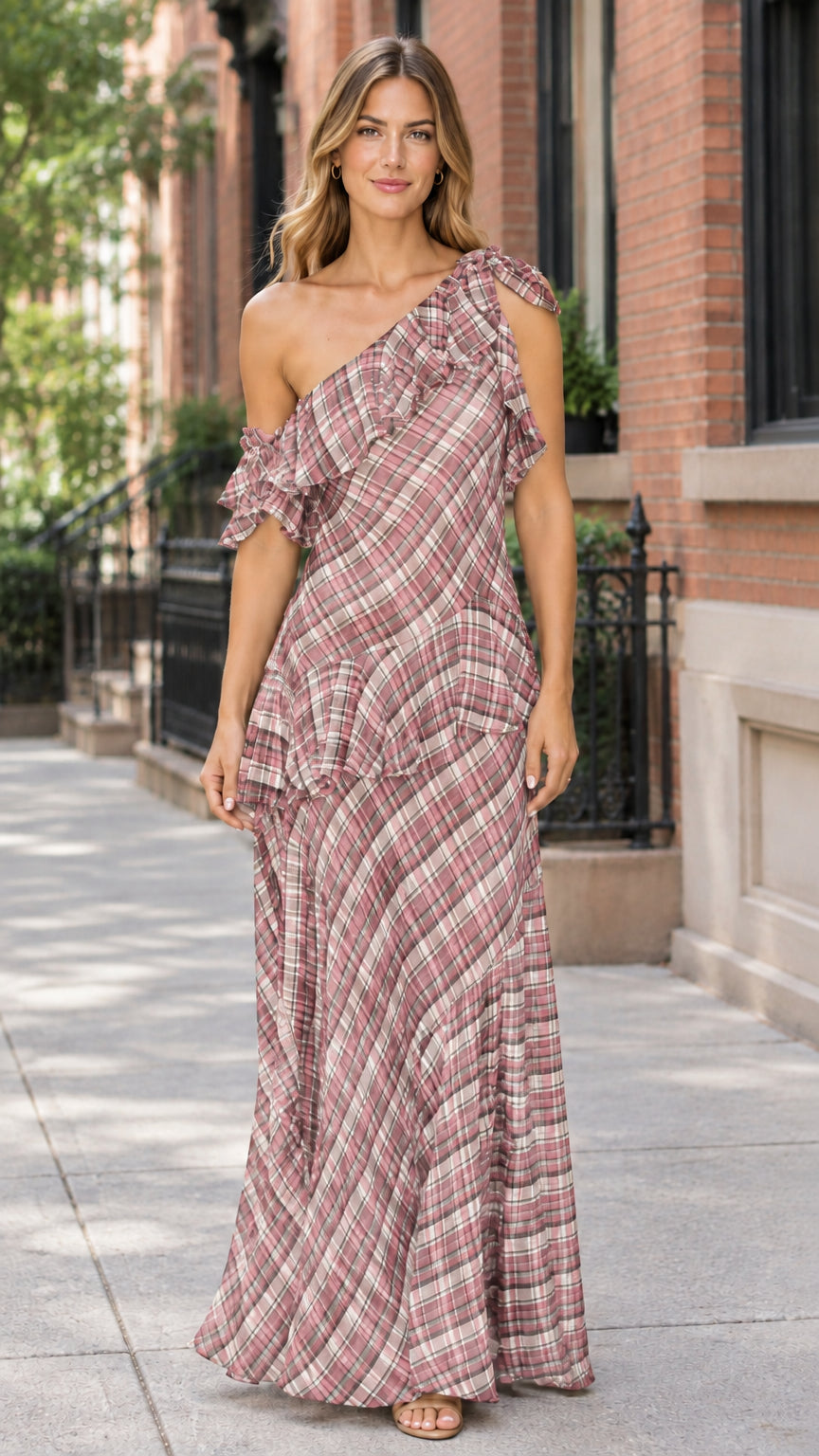 Front view of dusty rose pink plaid one-shoulder ruffle maxi dress