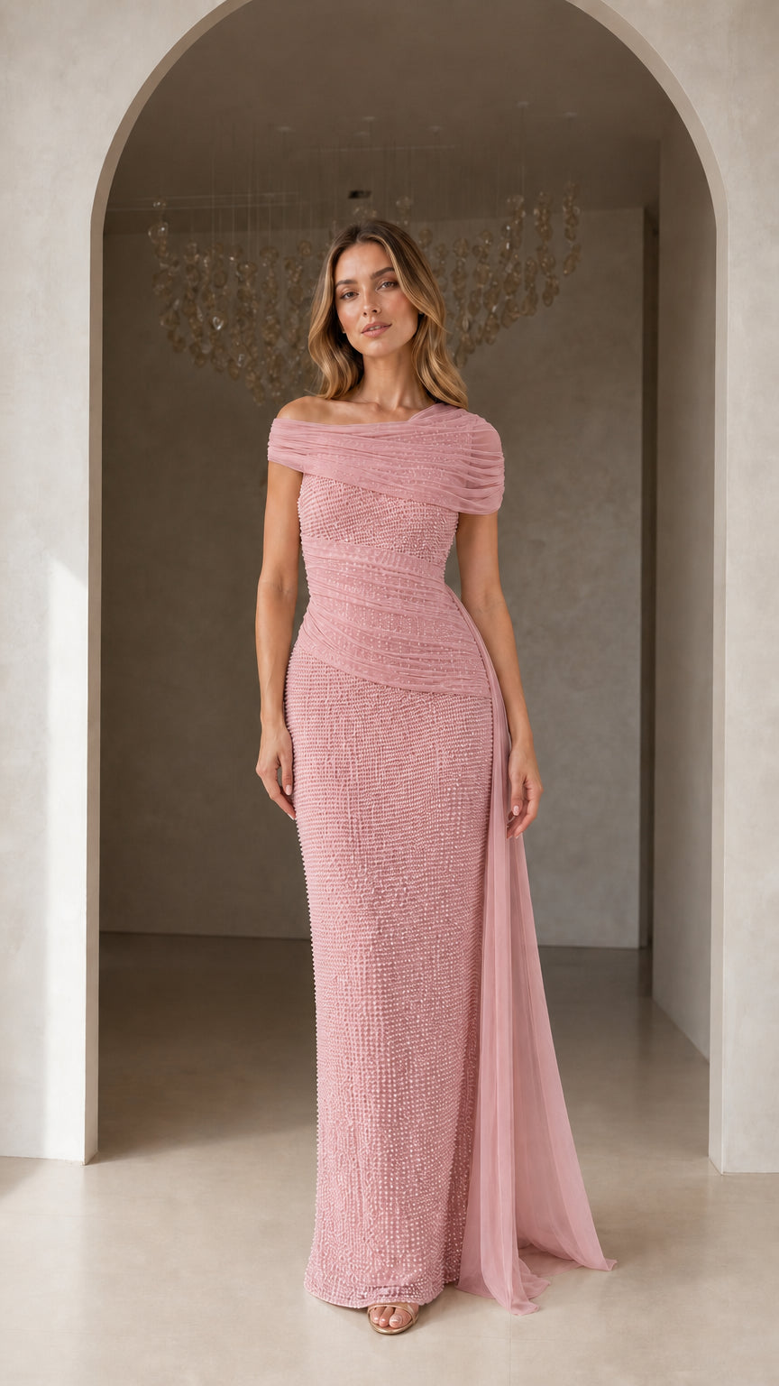 Dusty Pink formal off-shoulder column gown