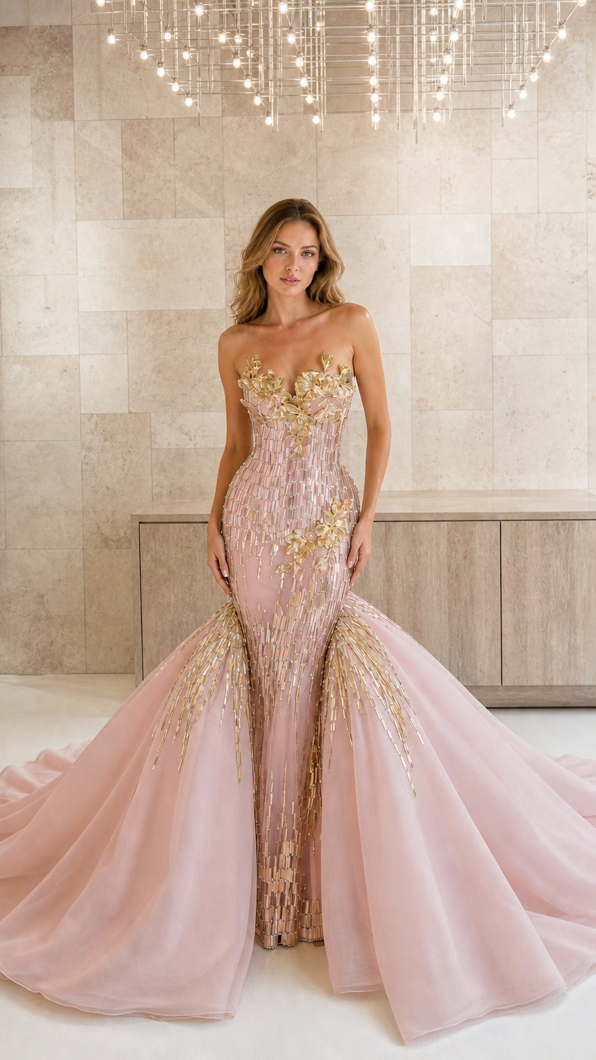 Model wearing blush pink strapless mermaid formal gown with gold beaded accents