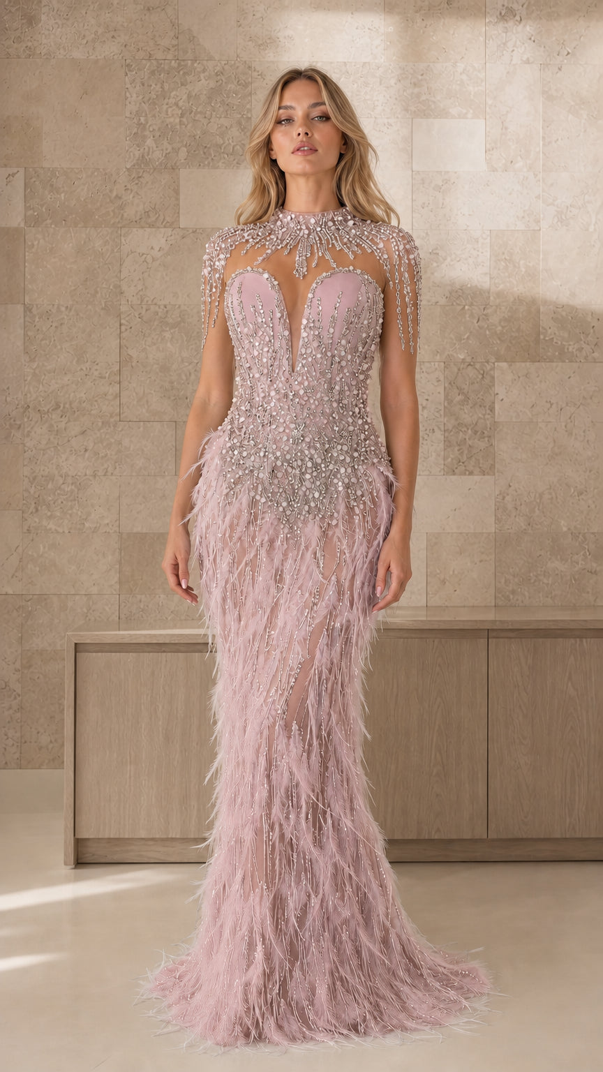 Front view of pink beaded illusion feather evening gown