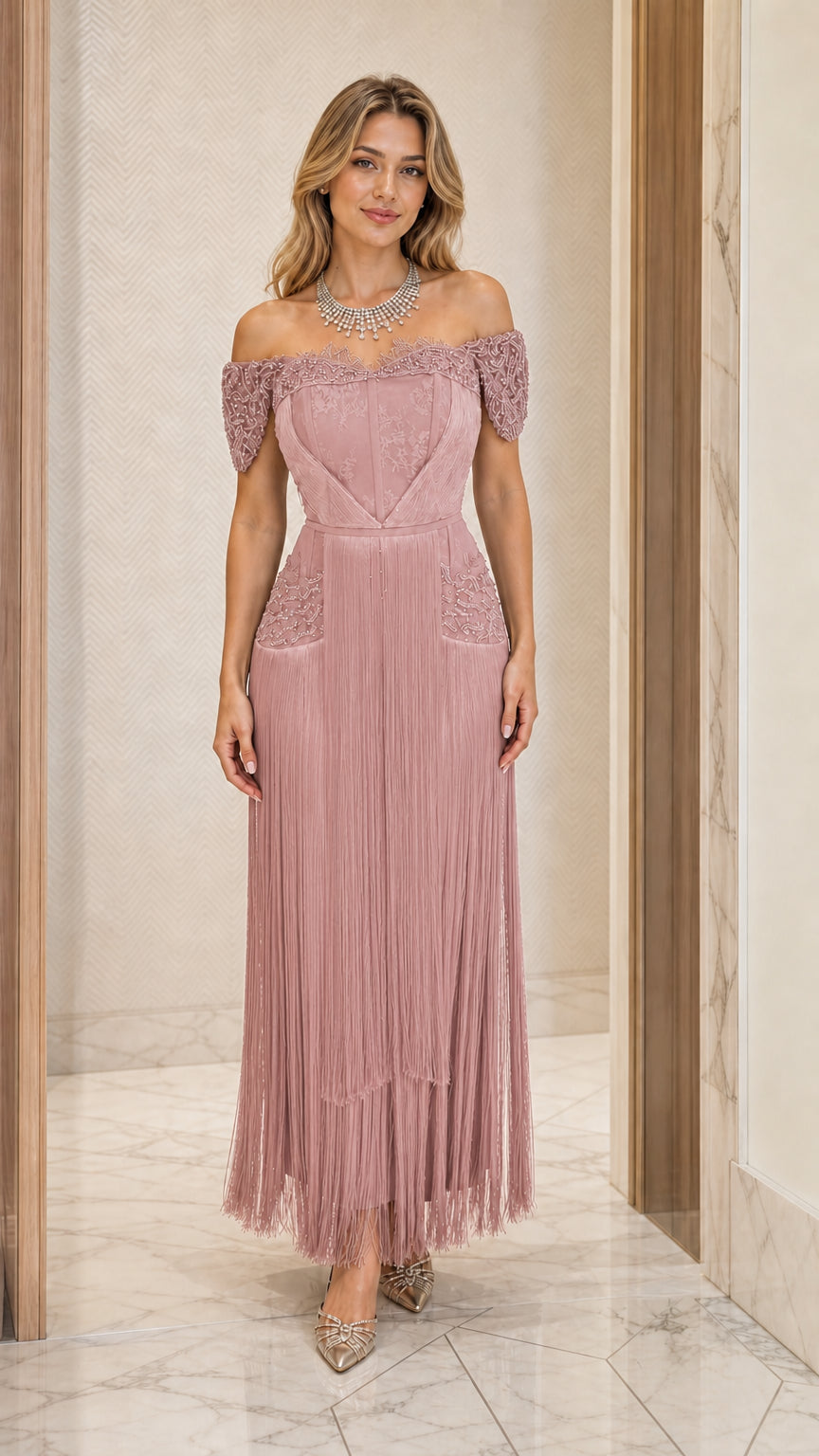 Front view of dusty rose pink off-the-shoulder fringe evening dress