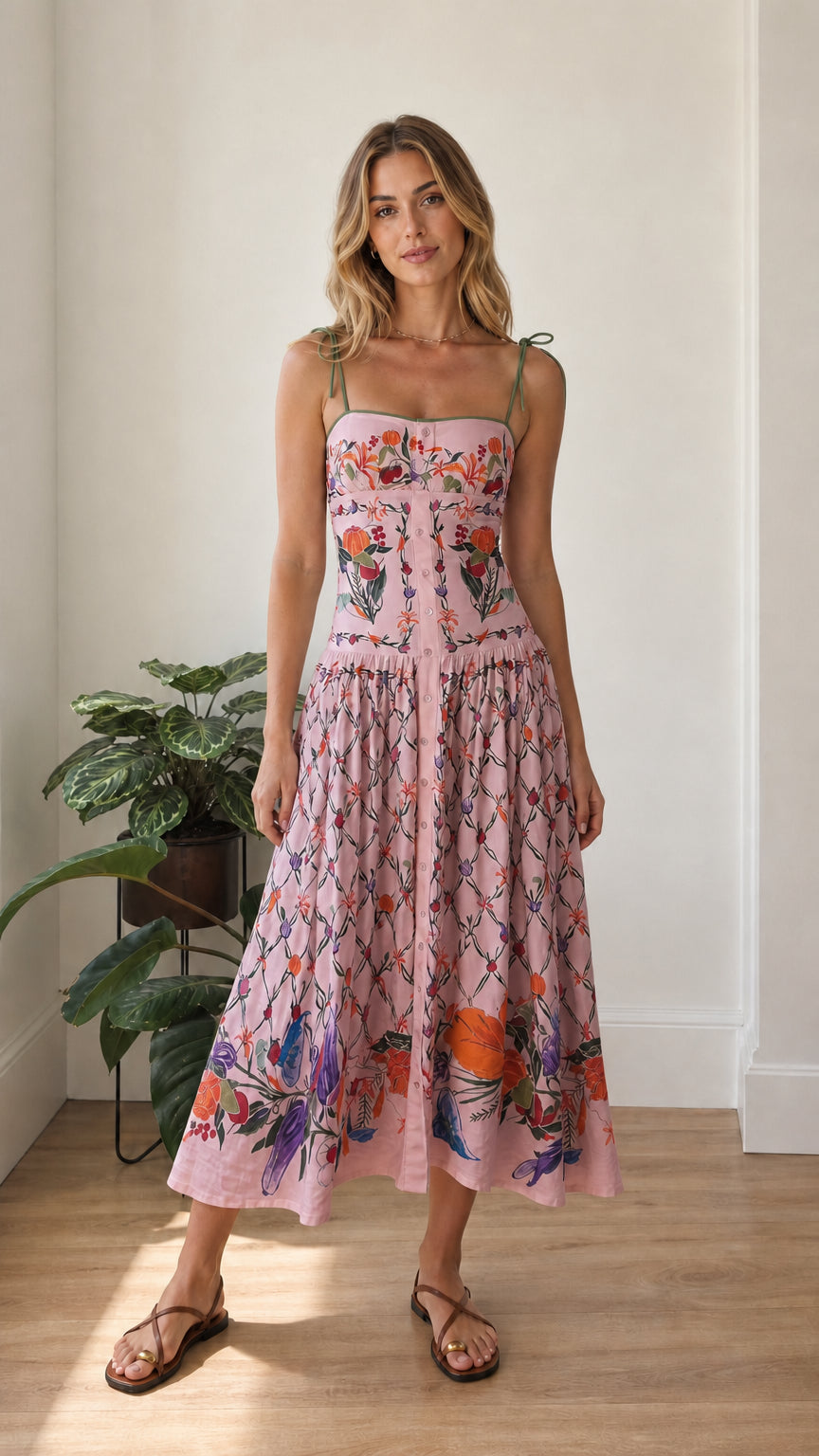 Model wearing blush pink botanical print tie-shoulder midi dress
