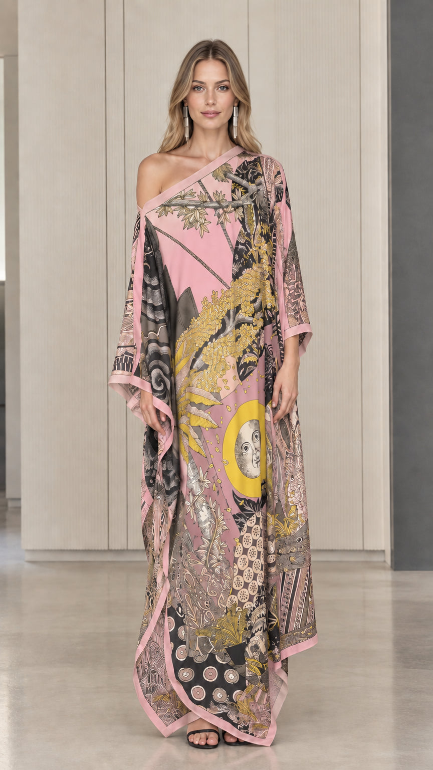 Pink one-shoulder celestial print kaftan maxi dress