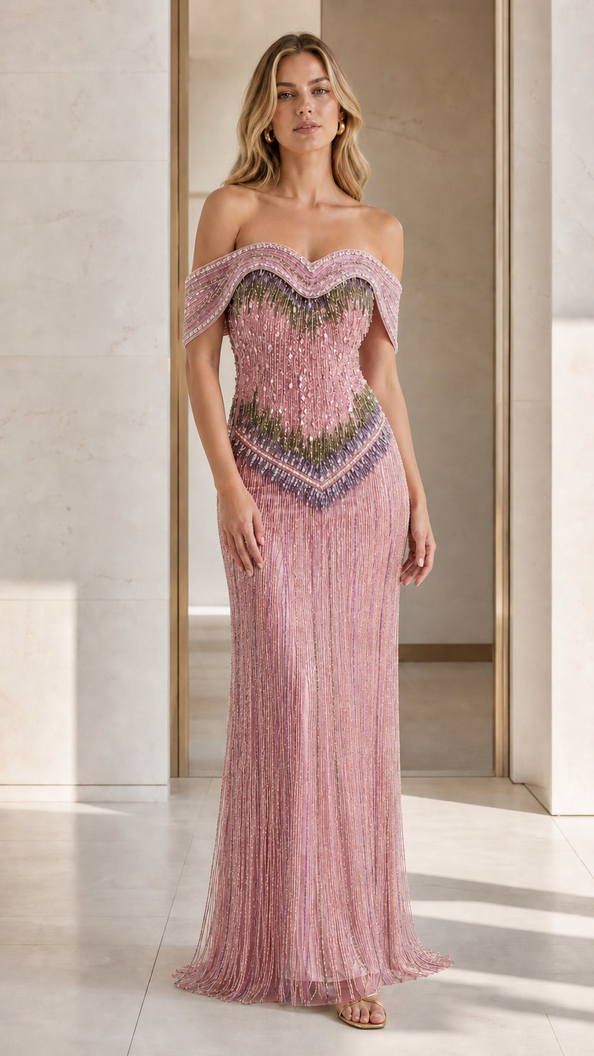 Model wearing pink color variant of the beaded evening gown
