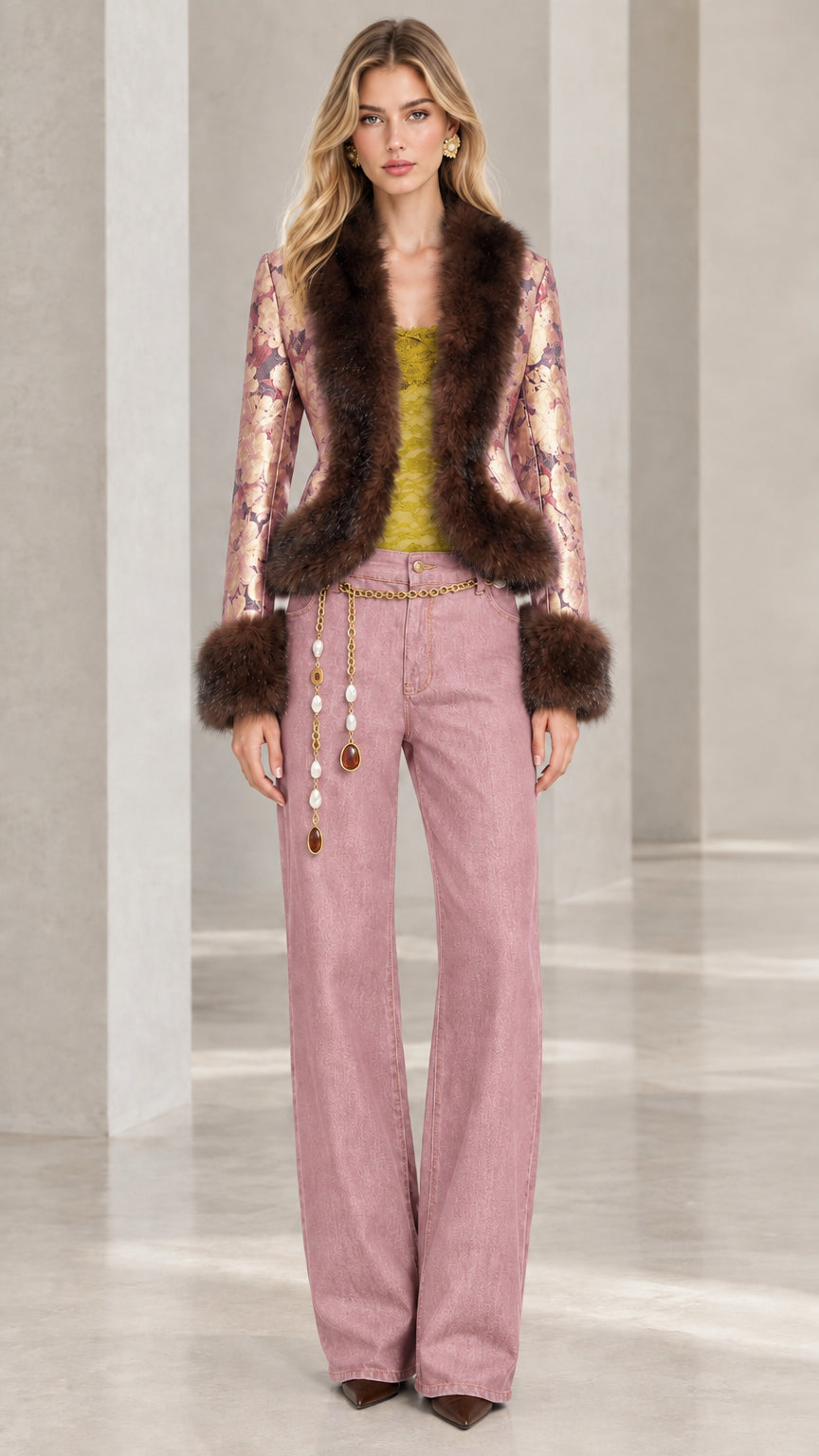 Model wearing rose pink floral jacquard jacket with faux fur trim and matching trousers