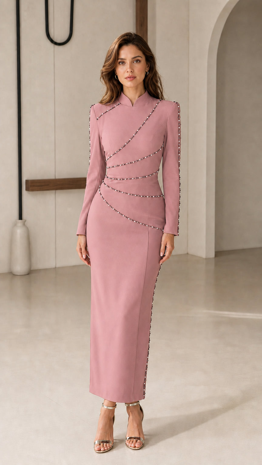 Dusty pink long sleeve beaded trim evening maxi dress