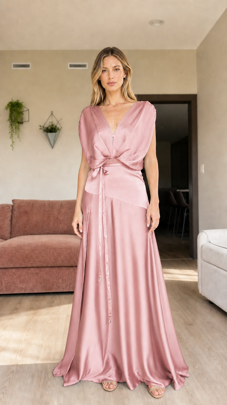 Front view of woman wearing dusty rose pink draped satin formal gown
