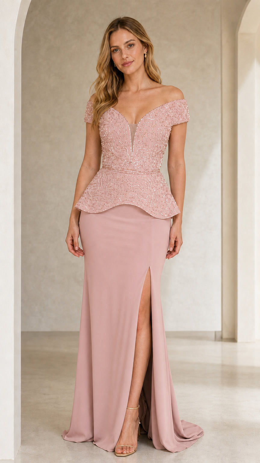 Front view of dusty rose pink off-the-shoulder beaded peplum maxi evening gown