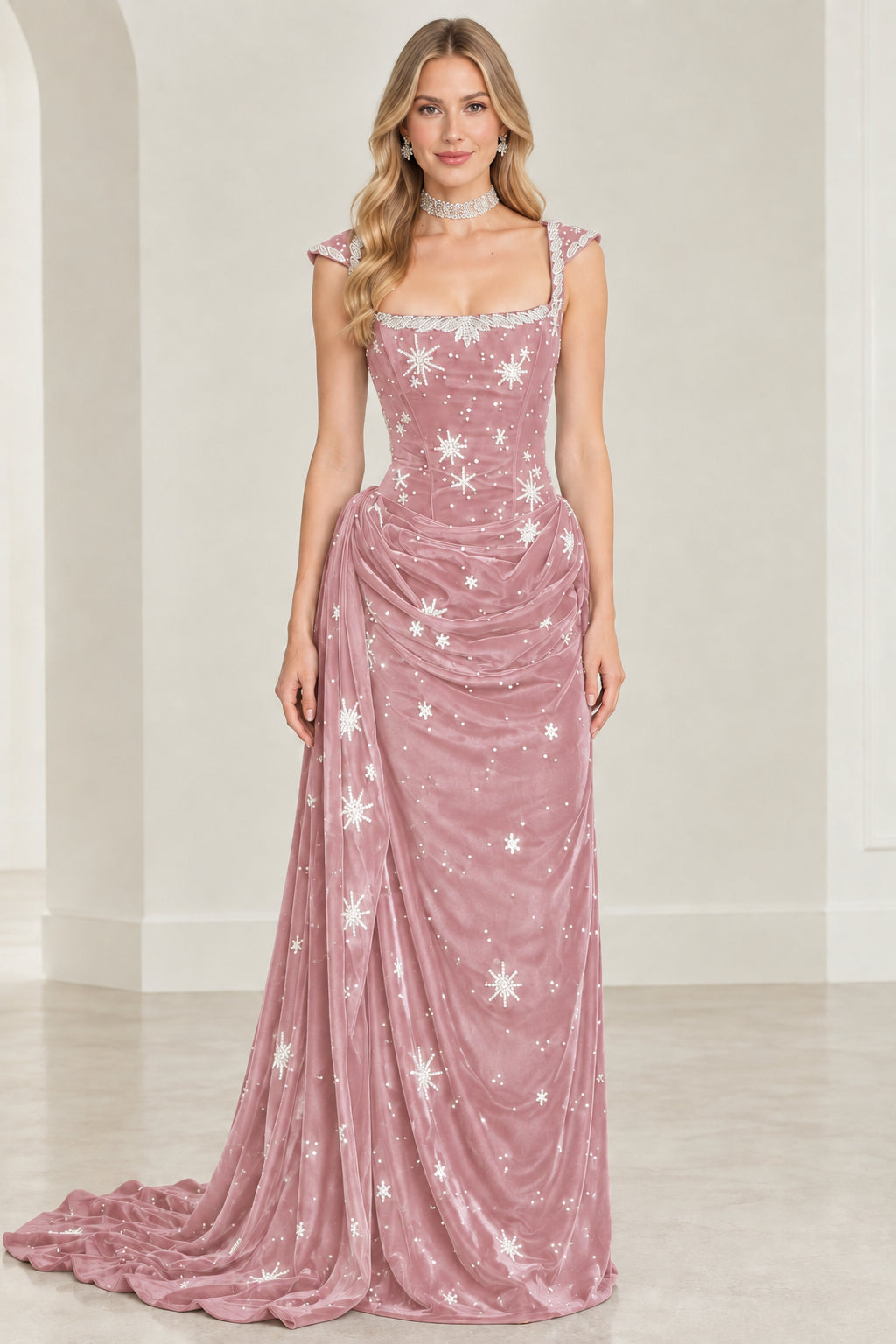 Dusty pink velvet formal gown with celestial star embroidery