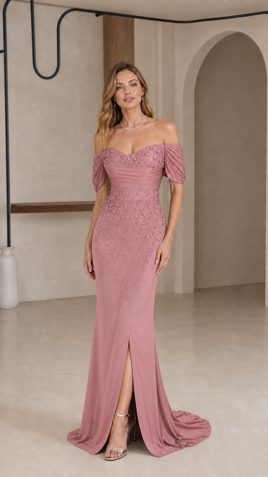 Full-length front view of dusty rose off-the-shoulder formal gown with beaded bodice