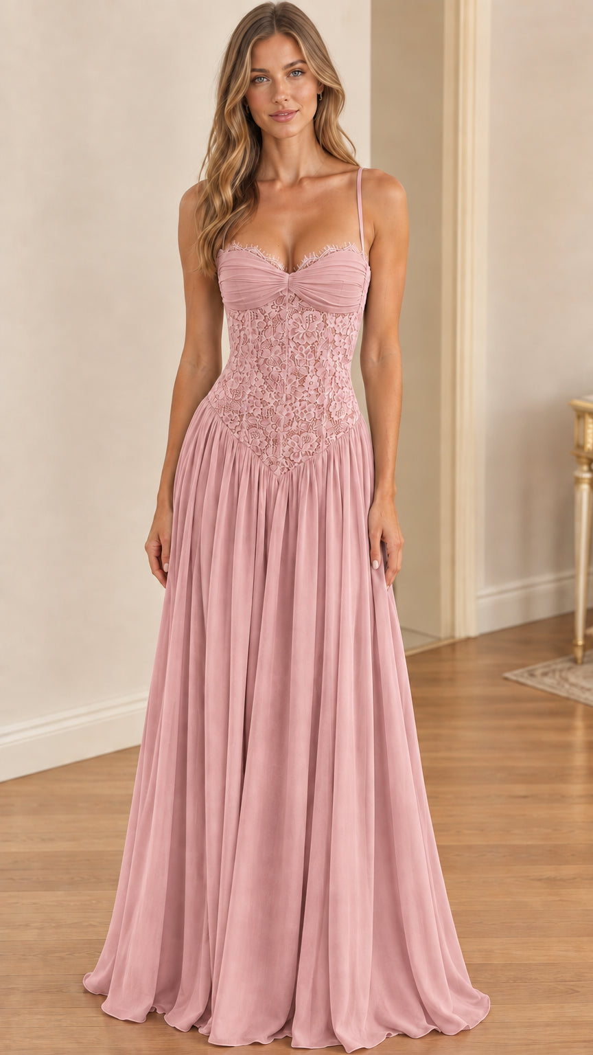 Model wearing dusty rose lace corset A-line evening gown