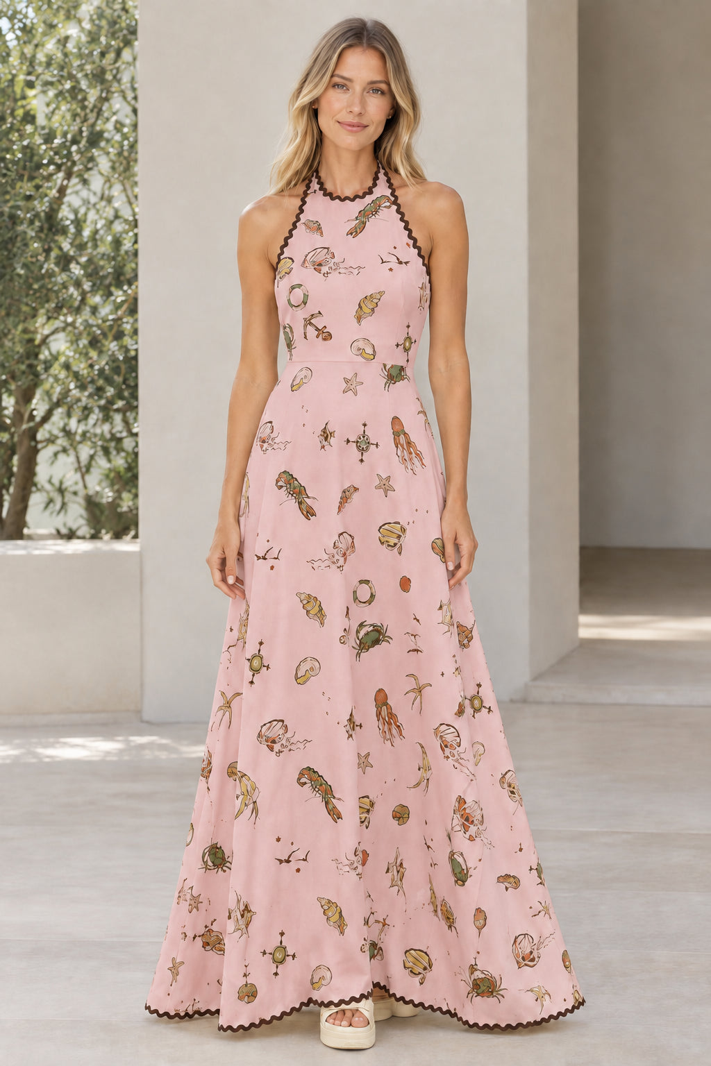 Model wearing blush pink marine print halter maxi dress