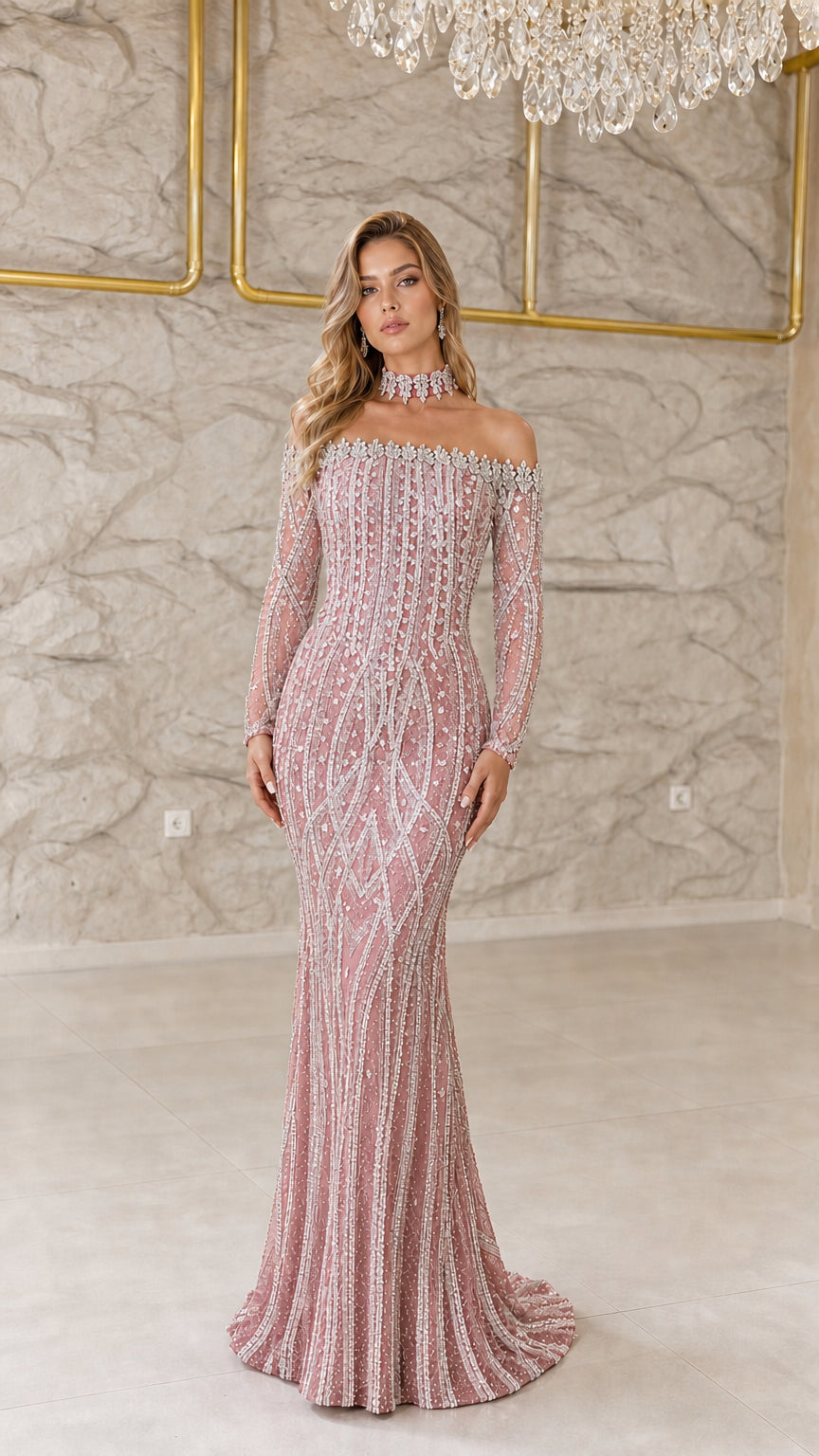 Front view of model wearing Blush Pink long sleeve embellished mermaid dress