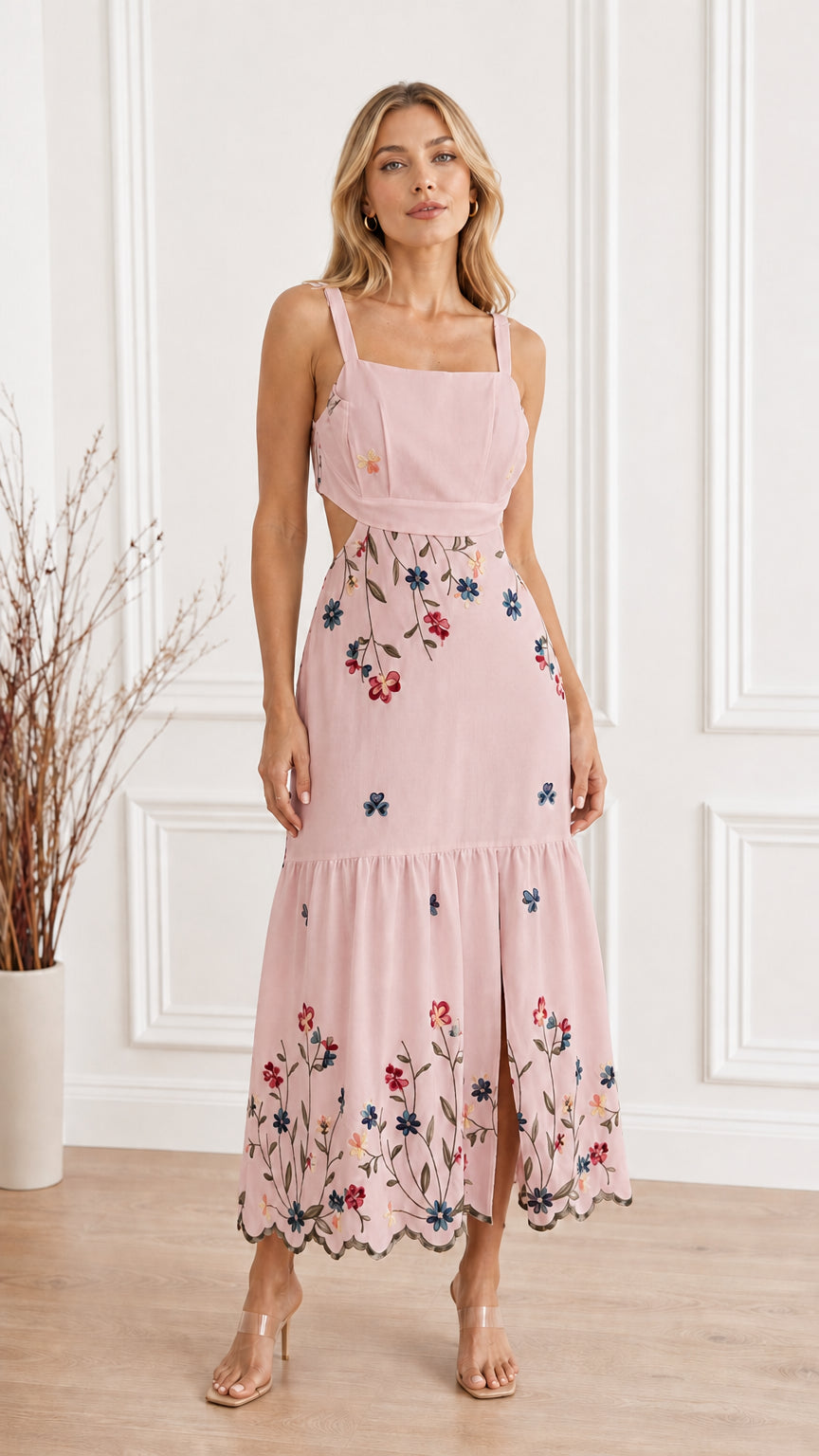 Front view of Pink Floral Embroidered Cutout Square Neck Maxi Dress
