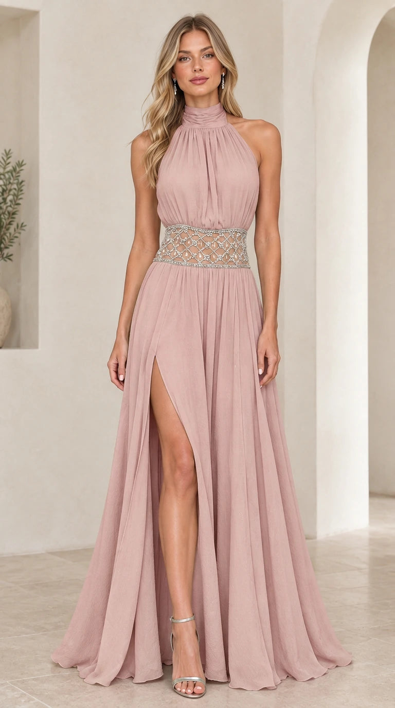 Dusty Rose pleated halter neck formal evening gown with crystal waistband