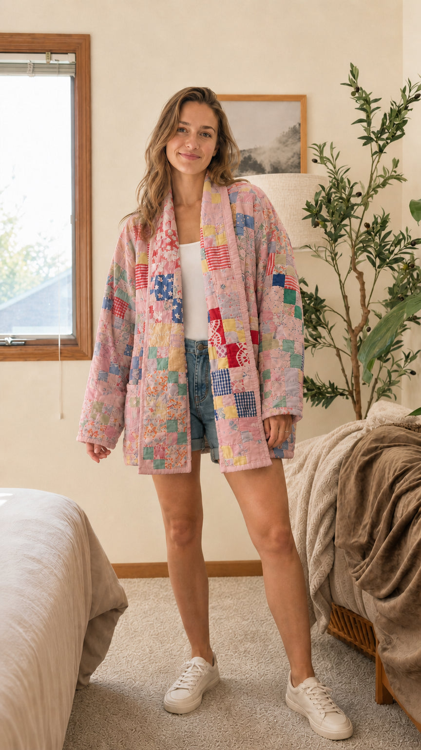 Front full-length view of woman wearing Pink Multi patchwork quilted cardigan coat
