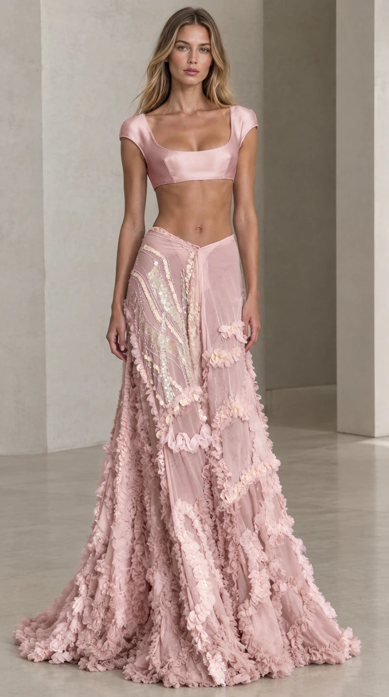 Front view of model wearing dusty pink two-piece evening crop top and tiered maxi skirt