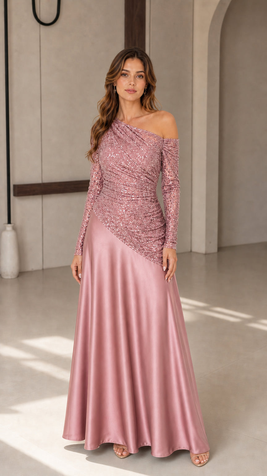Model wearing dusty rose one-shoulder sequin satin evening gown