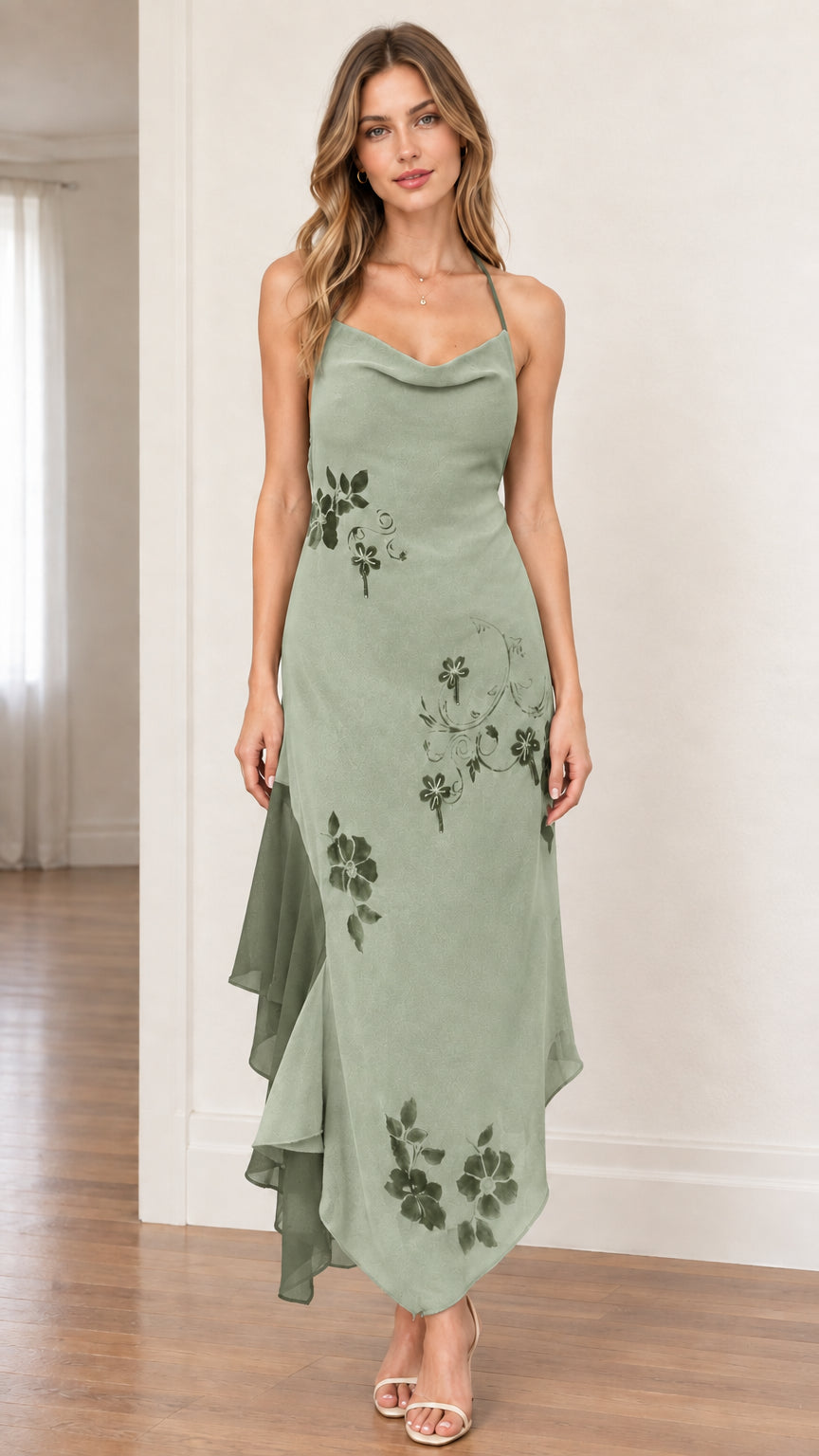 Model wearing sage green halter cowl neck asymmetrical dress with floral embroidery