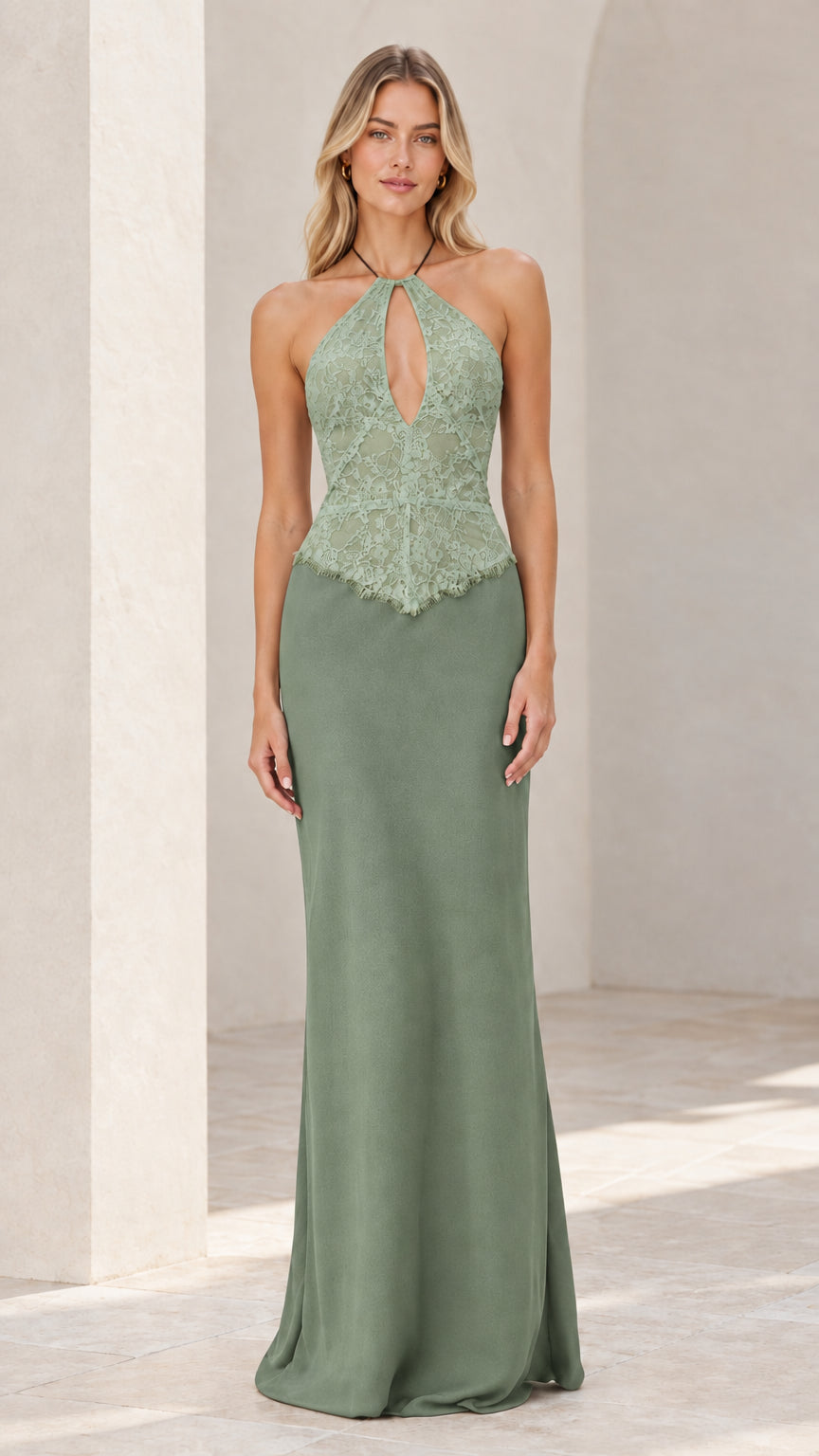 Model wearing Sage Green lace bodice halter maxi dress