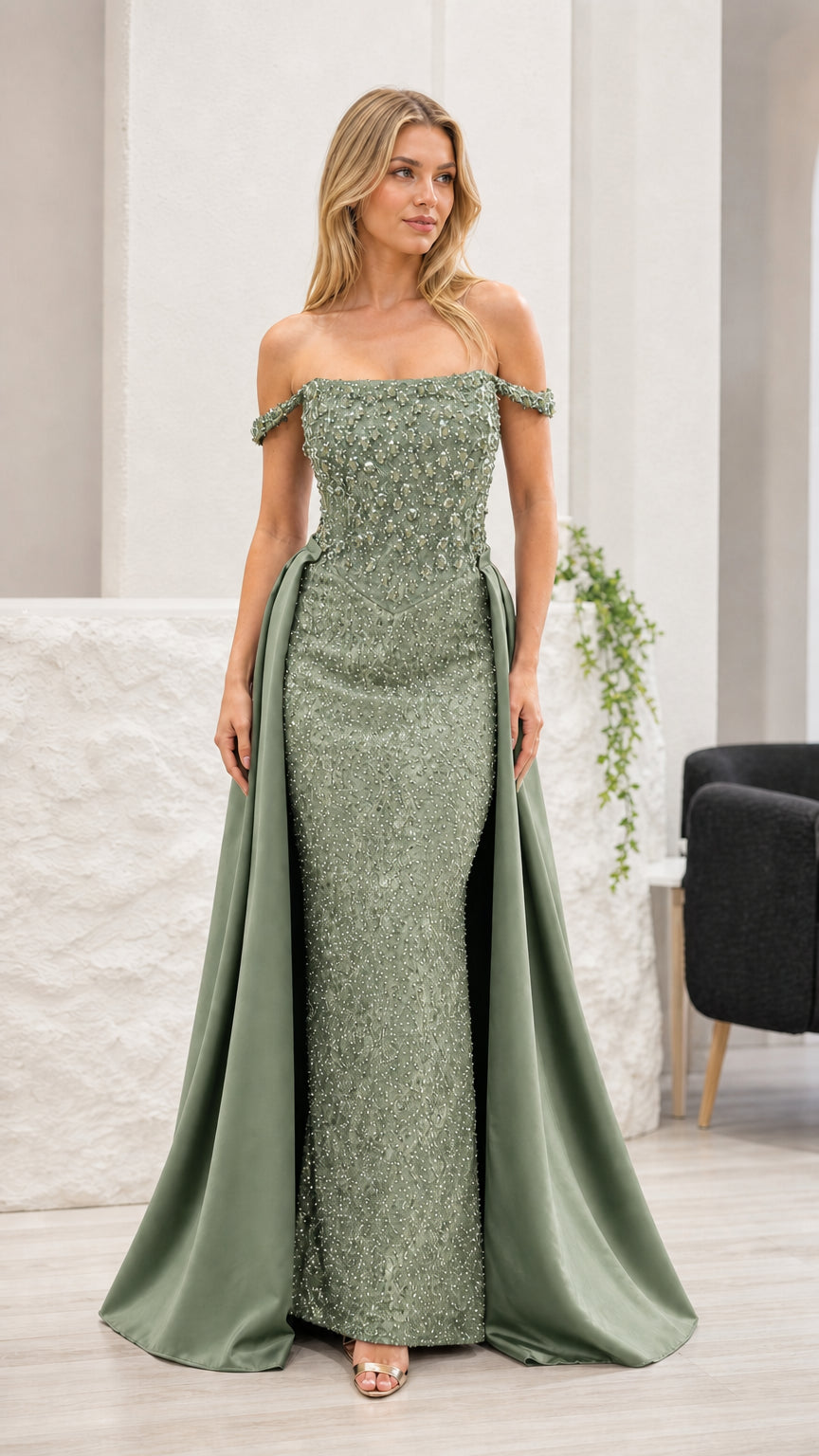 Front view of sage green evening gown variant