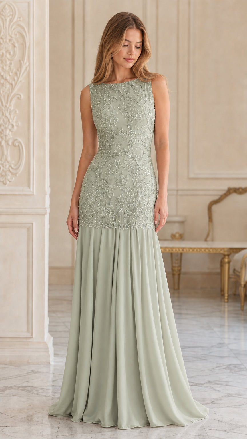 Sage green sleeveless formal lace and chiffon maxi dress