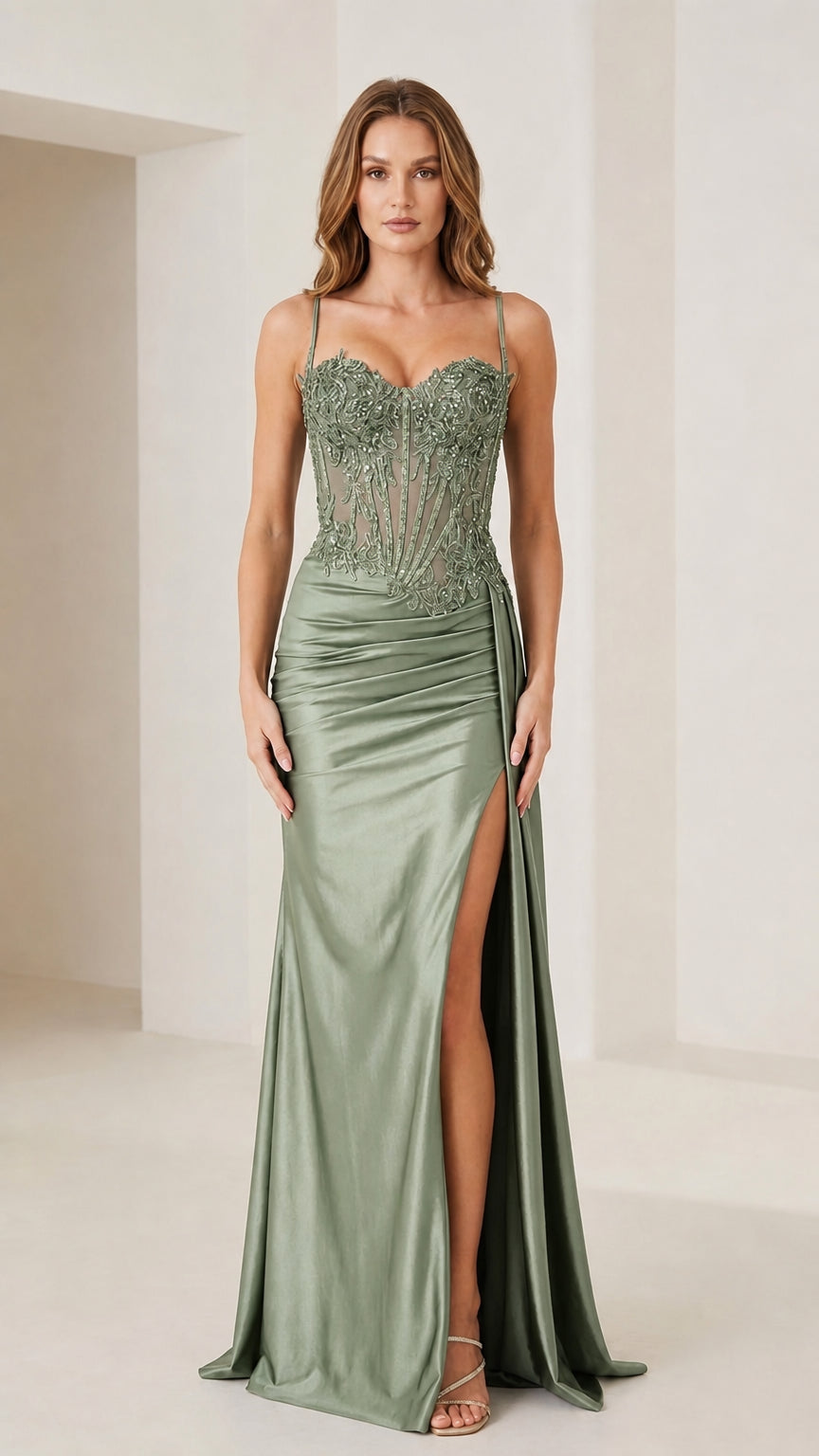 Front view of sage green variant evening dress with high slit