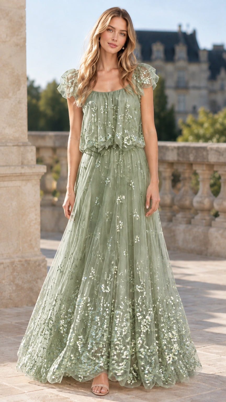 Sage green sequin embellished ruffle sleeve formal maxi gown