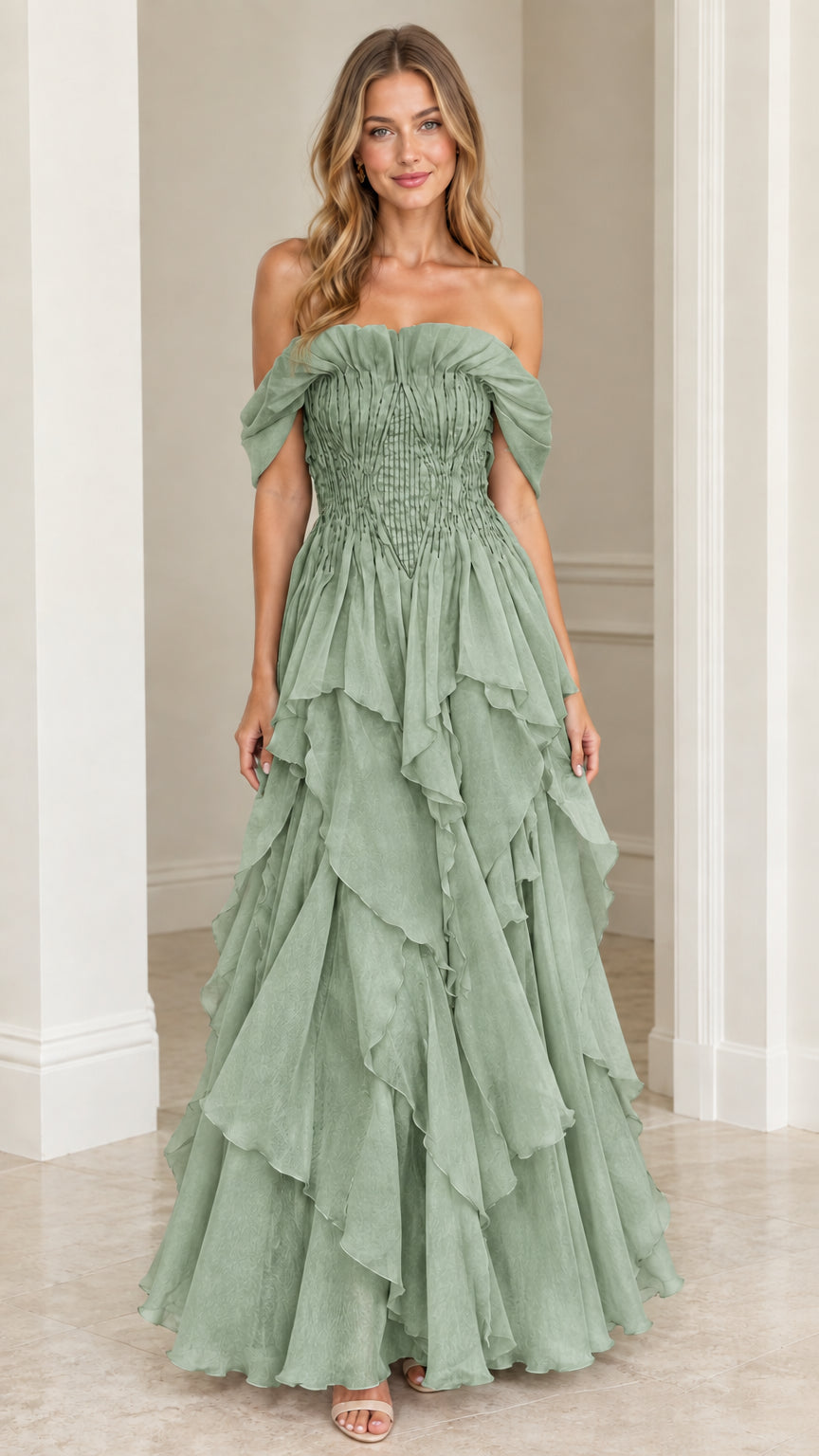 Front view of model wearing Sage Green off-the-shoulder tiered ruffle maxi dress