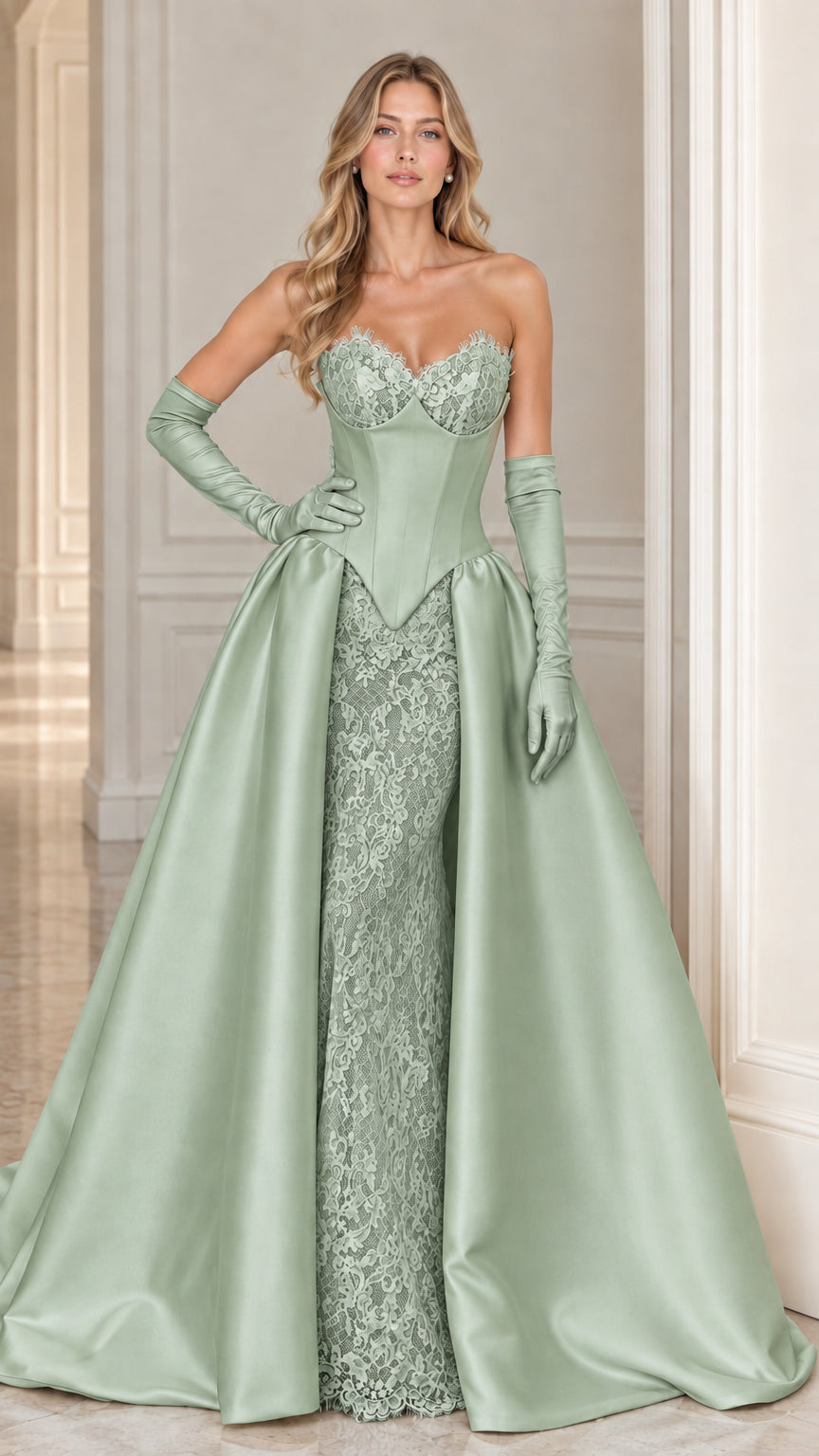 Model wearing sage green strapless corset evening dress with matching gloves