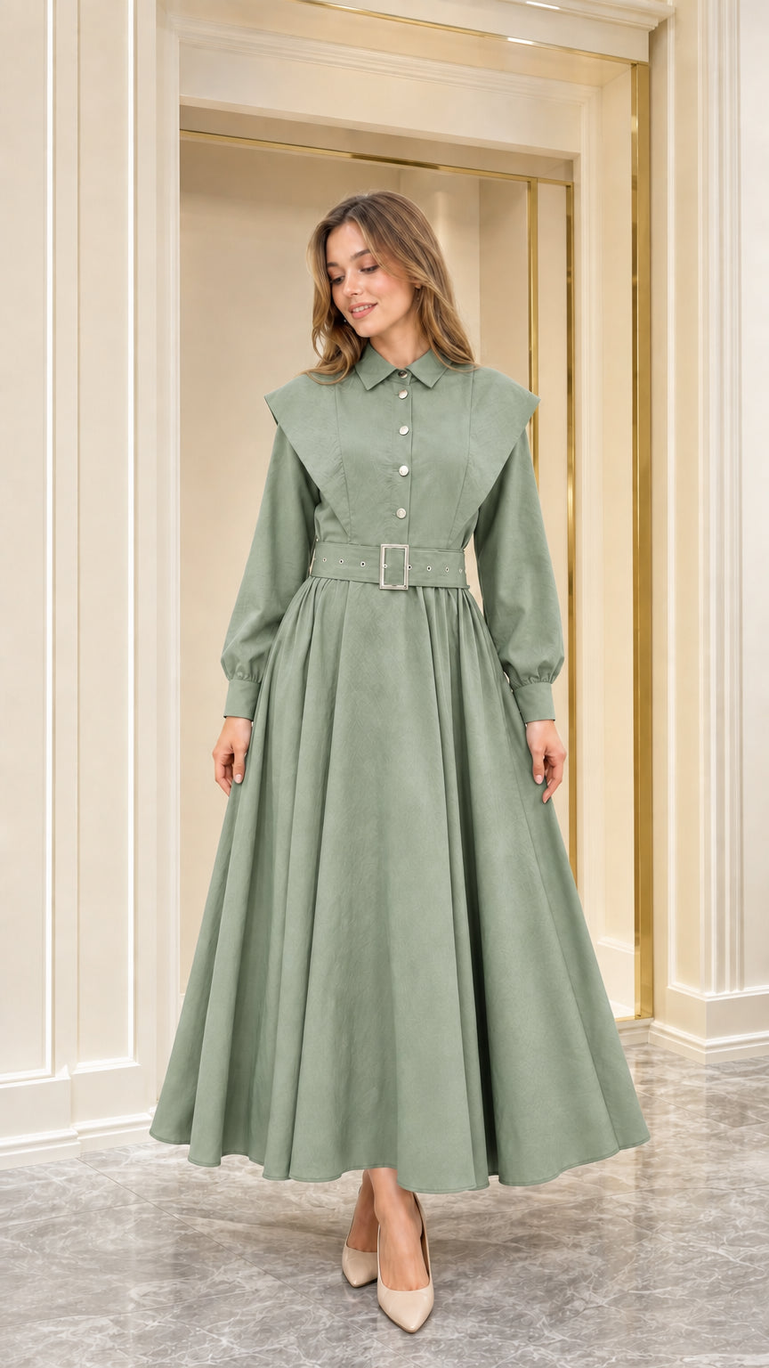 Front view of sage green capelet collar belted long sleeve maxi dress
