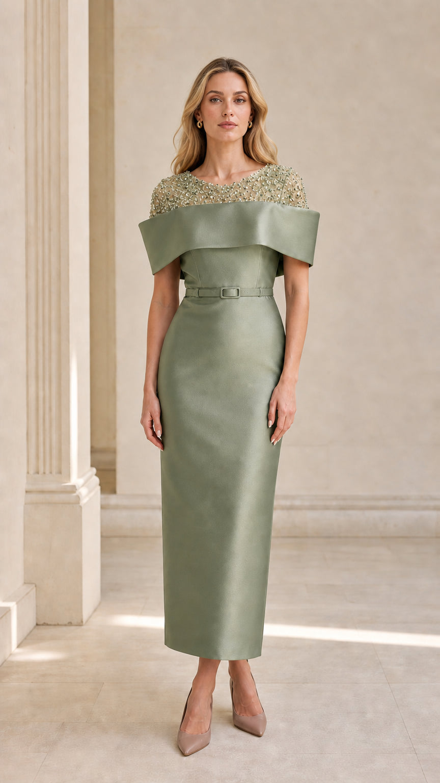 Front view of sage green evening dress variant
