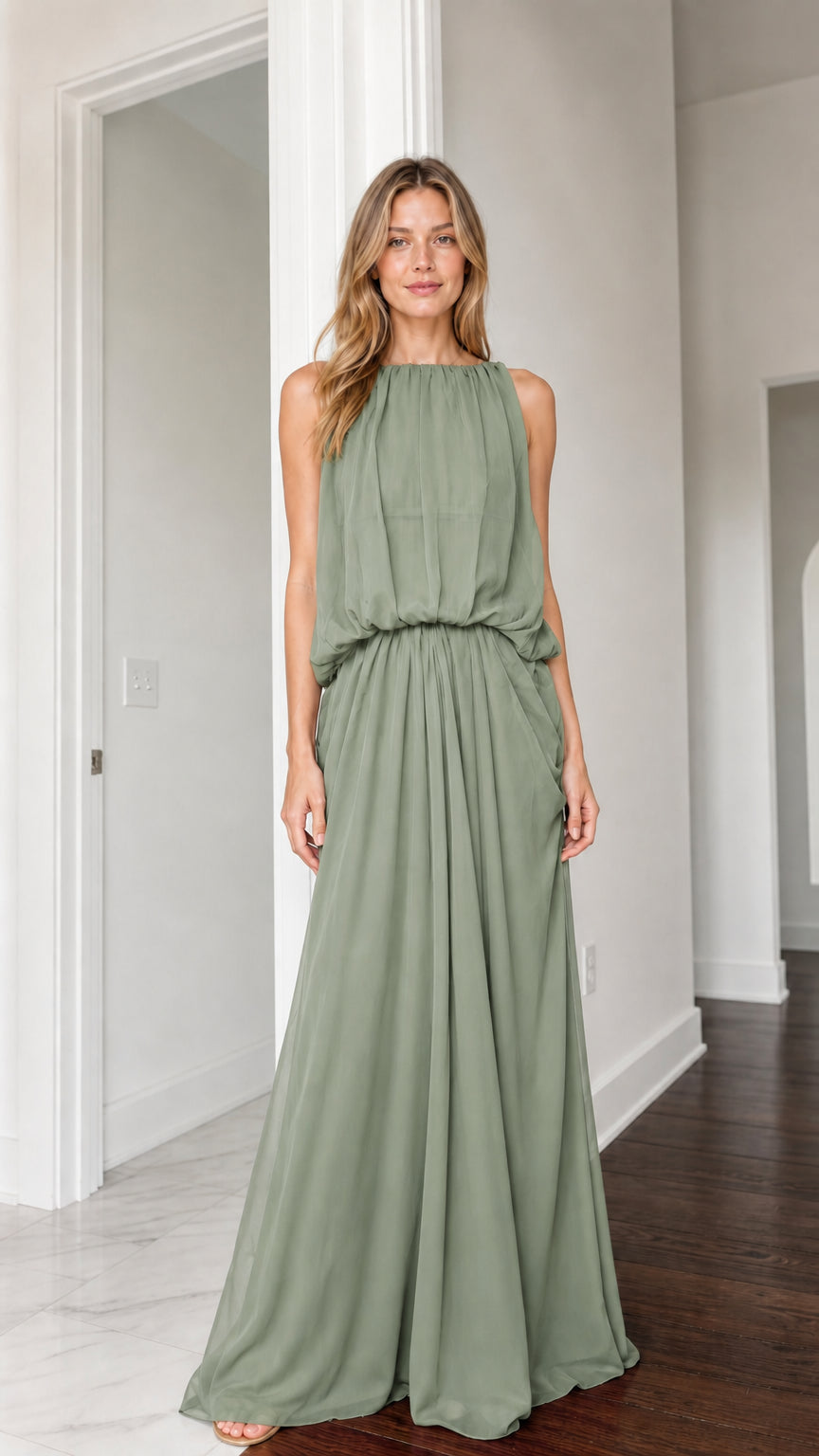 Front view of woman wearing sage green sleeveless blouson maxi dress