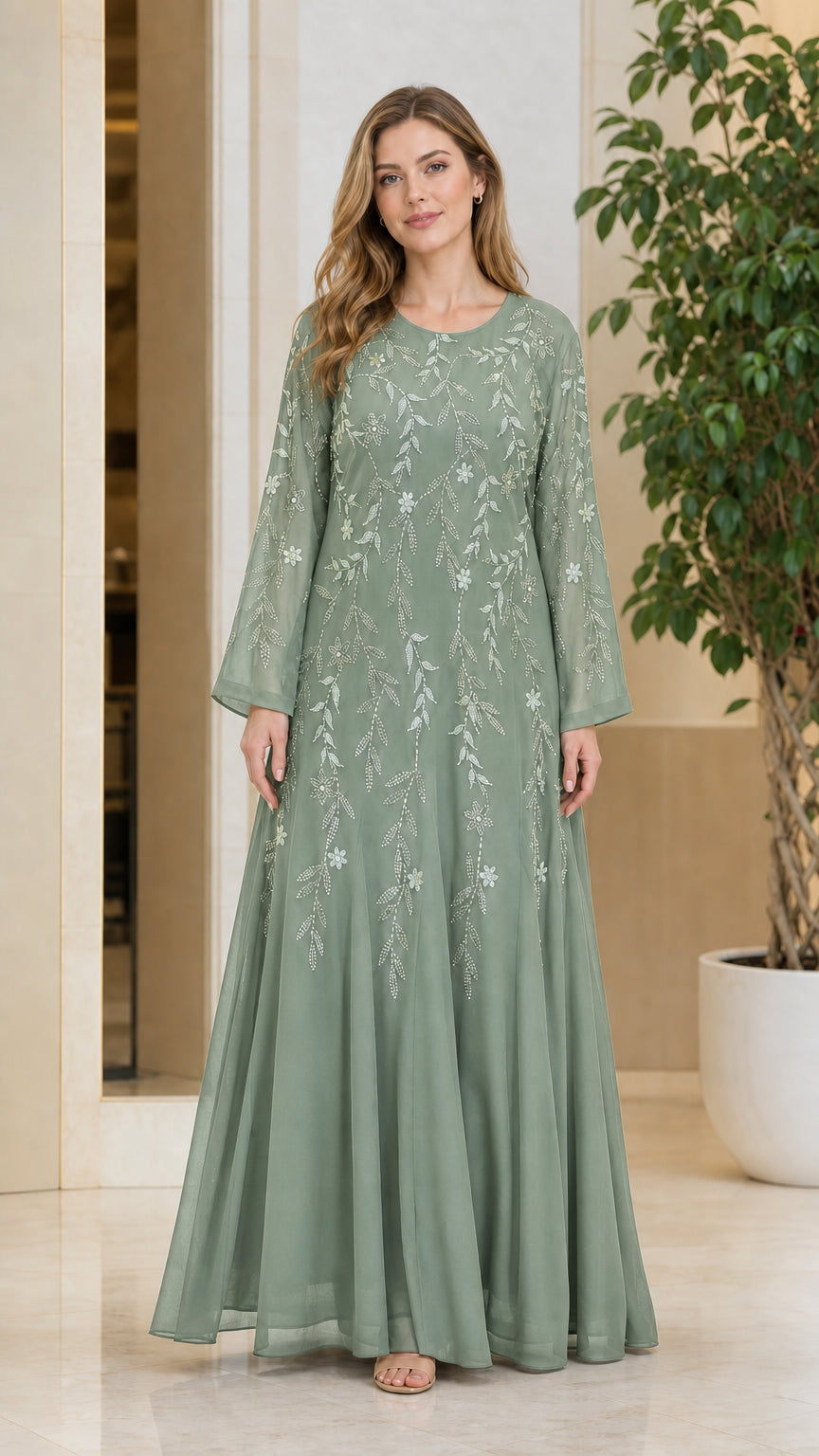 Front full-length view of model wearing the Sage Green bell sleeve evening maxi dress