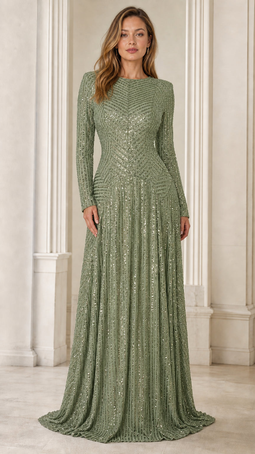 Front view of model wearing Sage Green long-sleeve sequin maxi evening gown