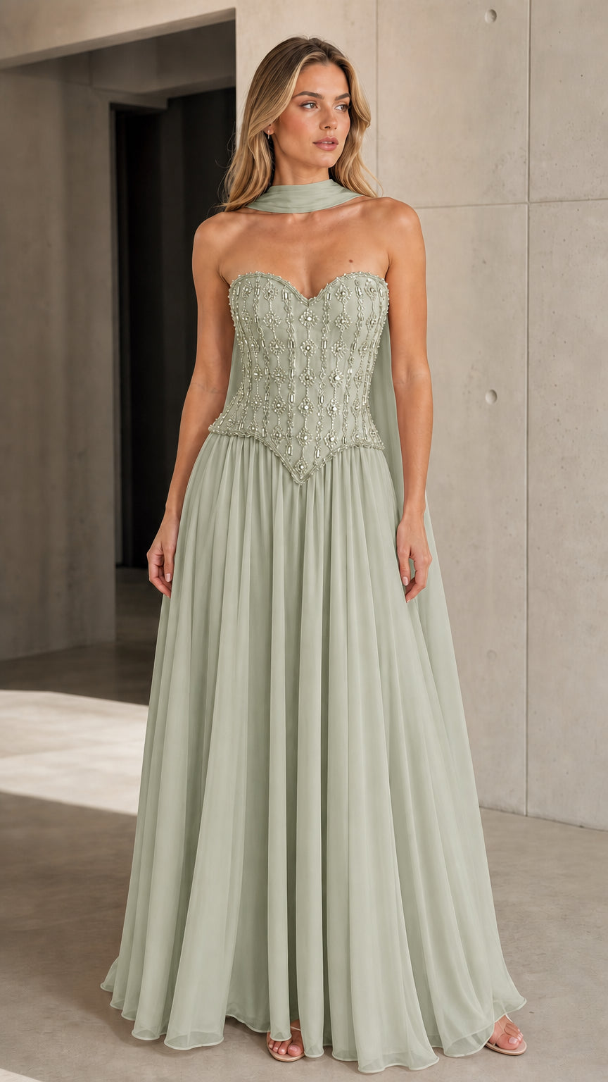 Model wearing Sage Green strapless embellished basque waist chiffon formal dress